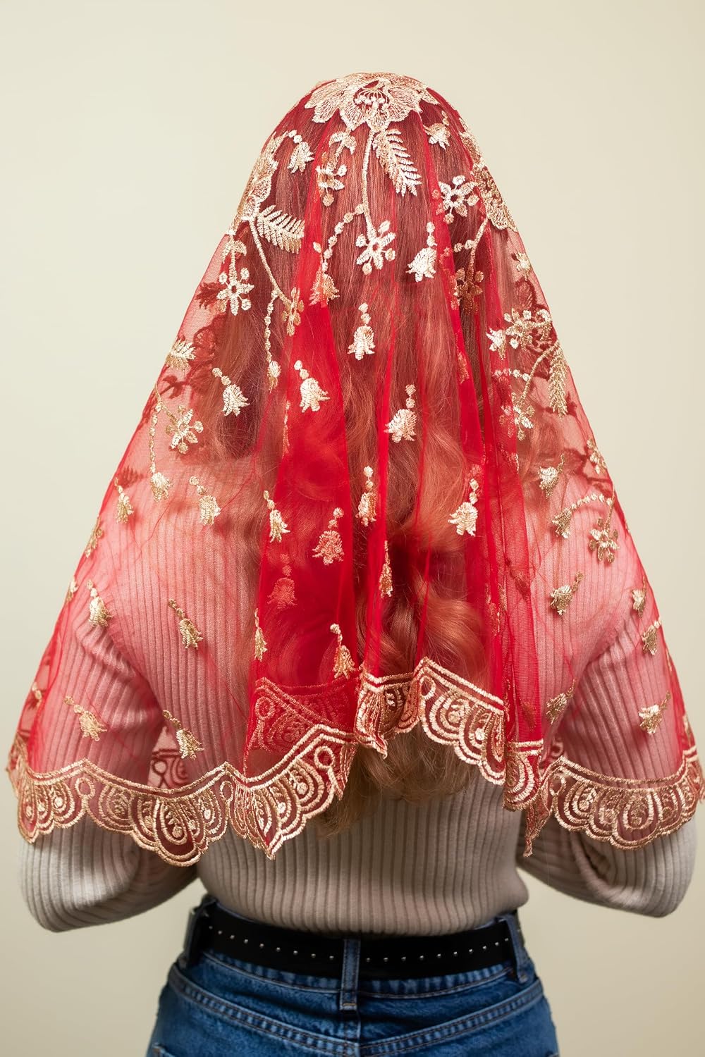Catholic Mantilla Mass Veil - Triangle Cross Embroidery Church Lace Veil Spanish Chapel Mass Head Covering Long (Gold/Red)