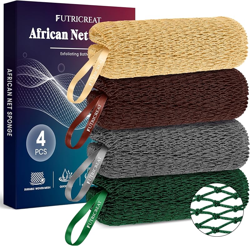 Esponja de banho de malha africana FUTRICREAT com 4 unidades, cores Yellow, Brown, Gray e Forest Green