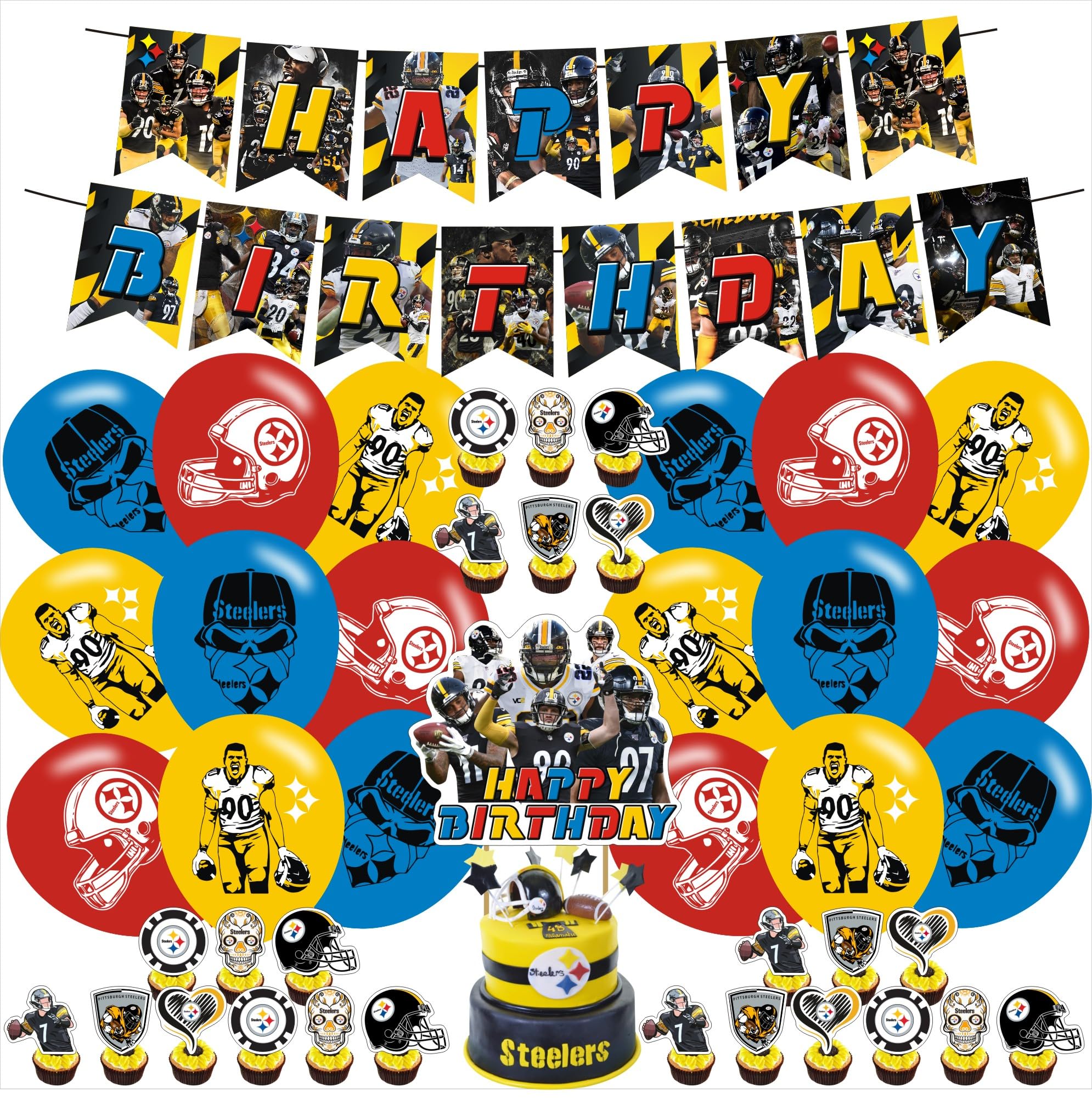 Steelers of Pittsburgh Football Theme Party Supplies,Including Steelers of Pittsburgh Soccer Birthday Bannner,Cake Copper ,Ballon,Party Cupcake Topper