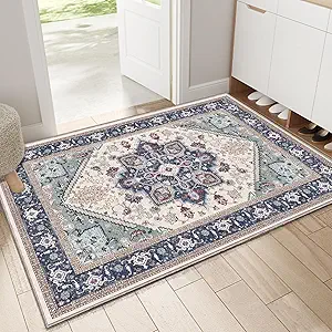 OPPODREAM Soft Throw Rugs 2x3, Small Washable Entryway Rugs 2 x 3 with Non Slip Backing, Low-Pile Faux Cashmere 2 x 3 Carpet, Navy Blue & Red & Cream