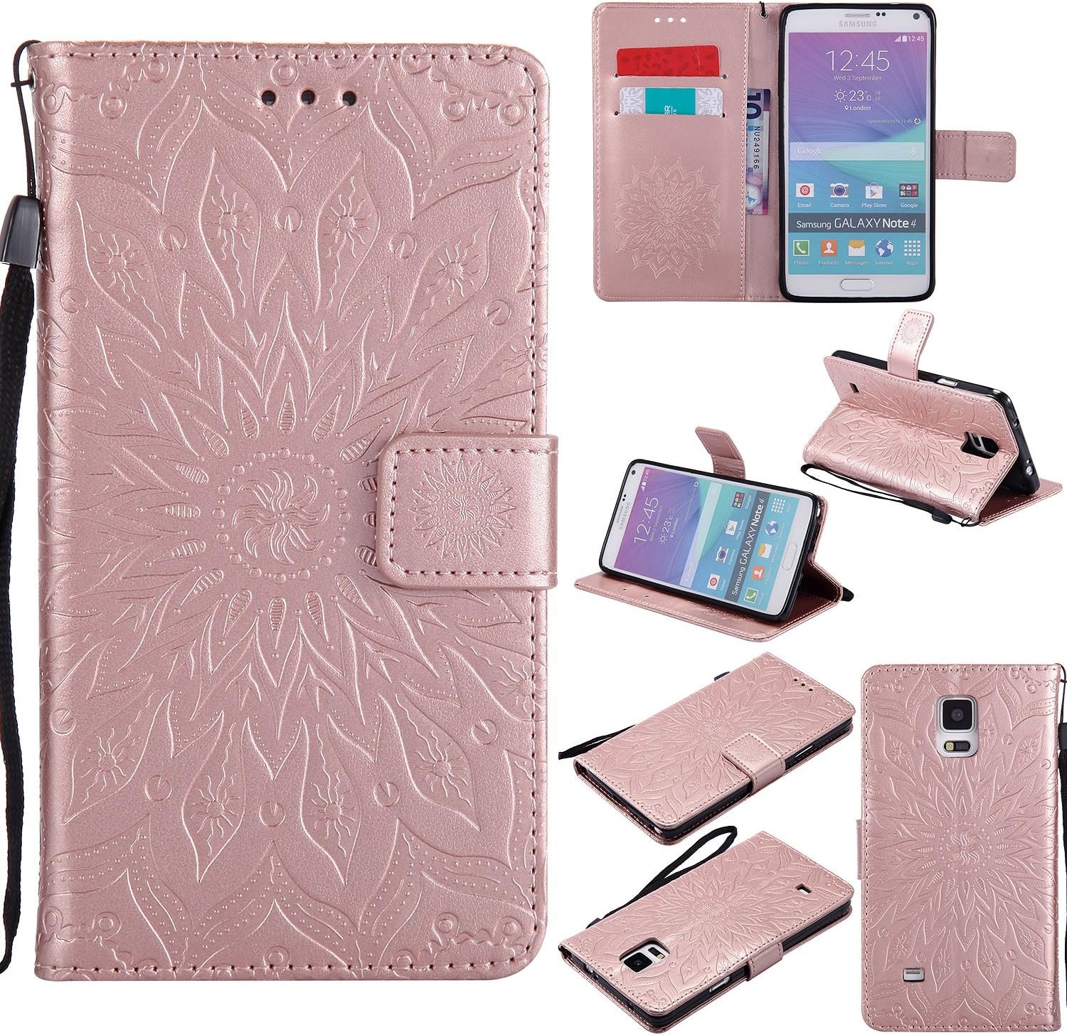 A-slim Galaxy Note 4 Wallet Case, (TM) Sun Pattern Embossed PU Leather Magnetic Flip Cover Card Holders & Hand Strap Wallet Purse Case for Samsung Galaxy Note 4 - Rose Gold