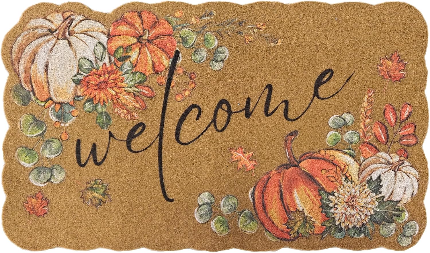 Fall Pumpkin Coco Coir Welcome Doormat, 17"x30" Cute Scalloped Rugs for Floor,Autumn Havest Dahlia Door Mat, Indoor Outdoor Decorative Entrance Mat for Front Door Porch Home Decor