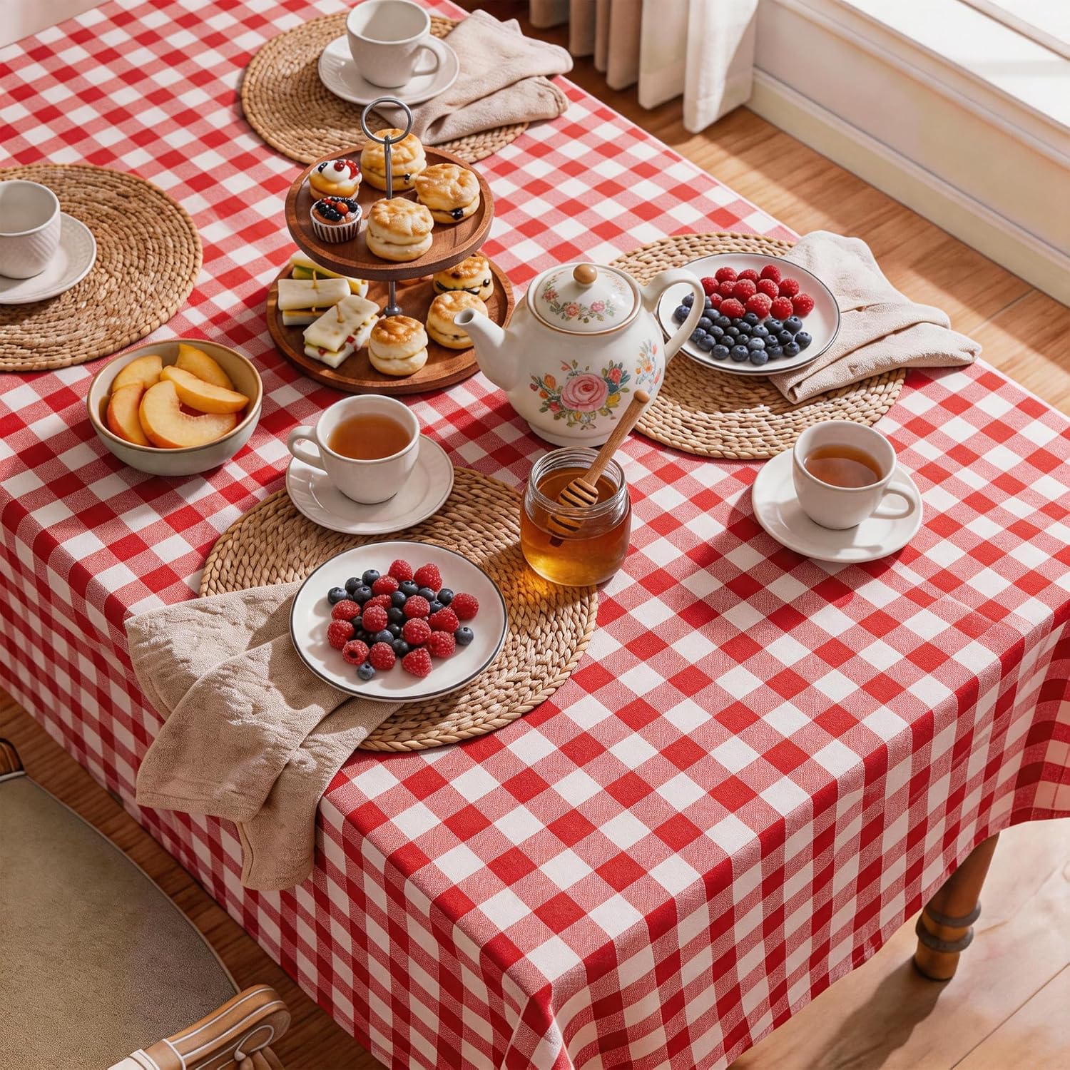 Gingham Tablecloth Rectangle Table, Cotton Linen Fabric Picnic Checkered Table Cloth Farmhouse Washable Wrinkle Free Buffalo Plaid Table Cover for Outdoor Birthday Party, Red, 60x75