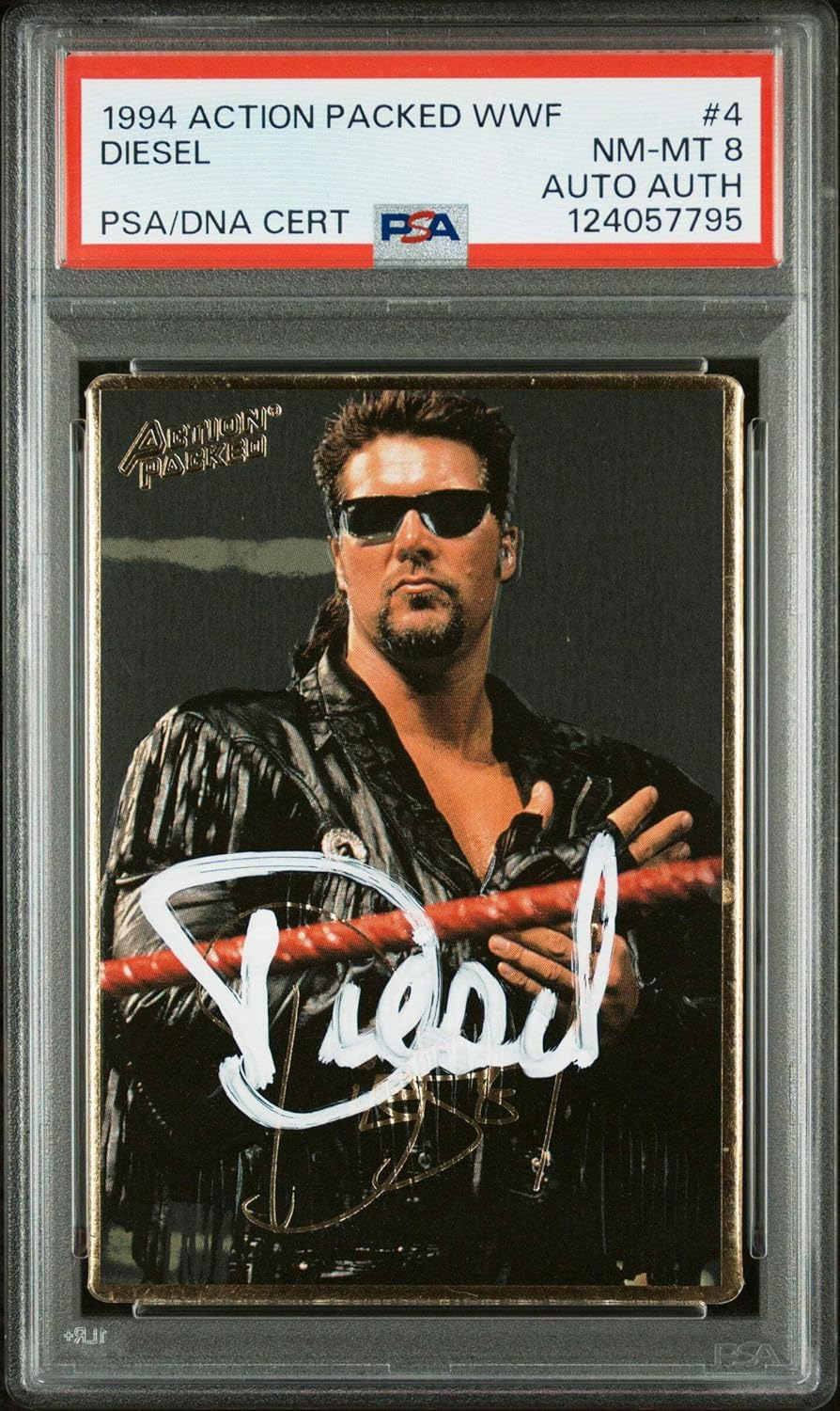 Graded 1994 Action Packed WWF Kevin Nash Diesel #4 Rookie RC Signed Wrestling Card PSA 8 Card - Auto Grade Authentic