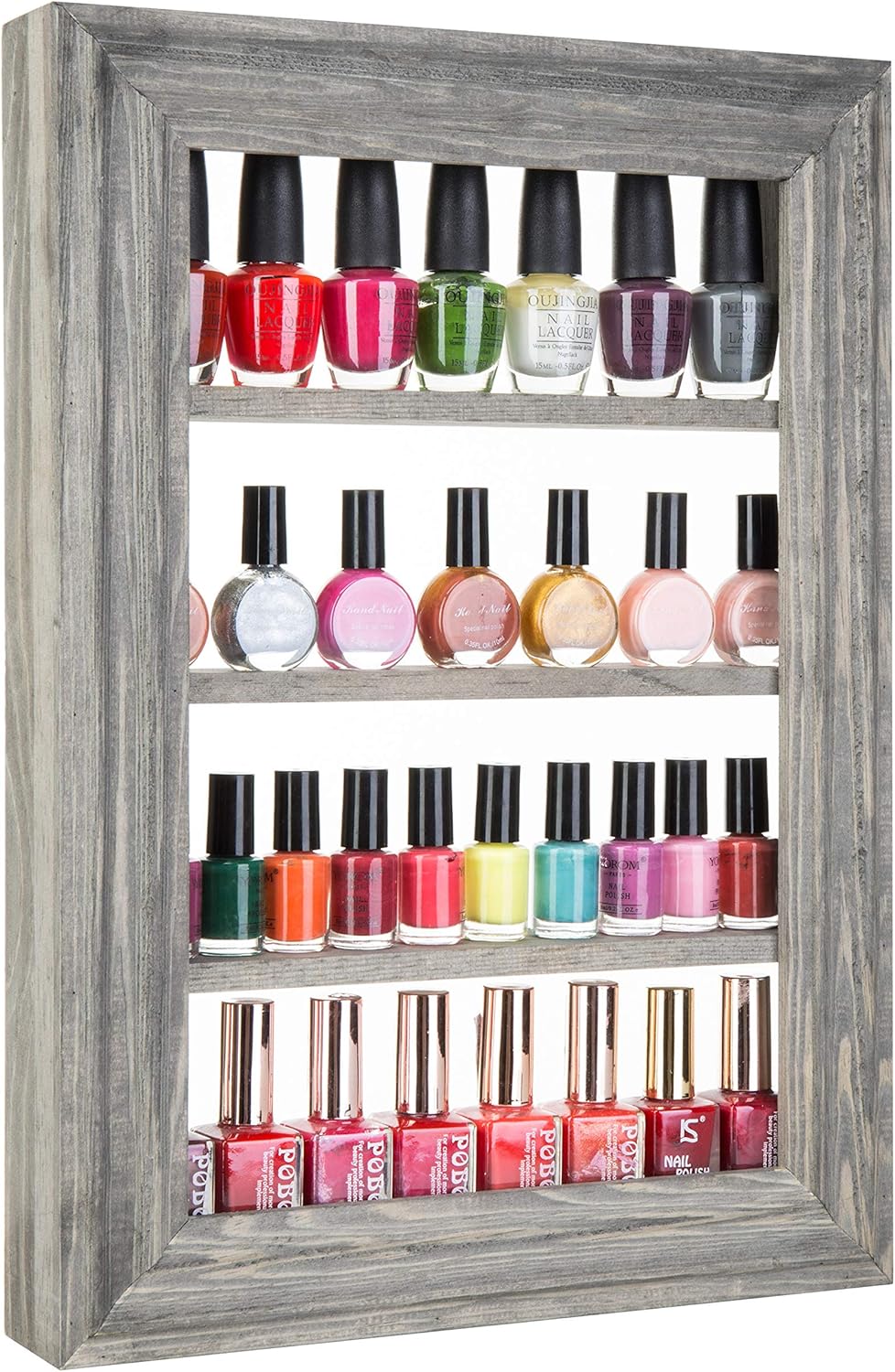 MyGift Vintage Gray Wood Wall Mounted Nail Polish Holder Display Rack with 4 Tier Shelf, Essential Oil Bottle Organizer