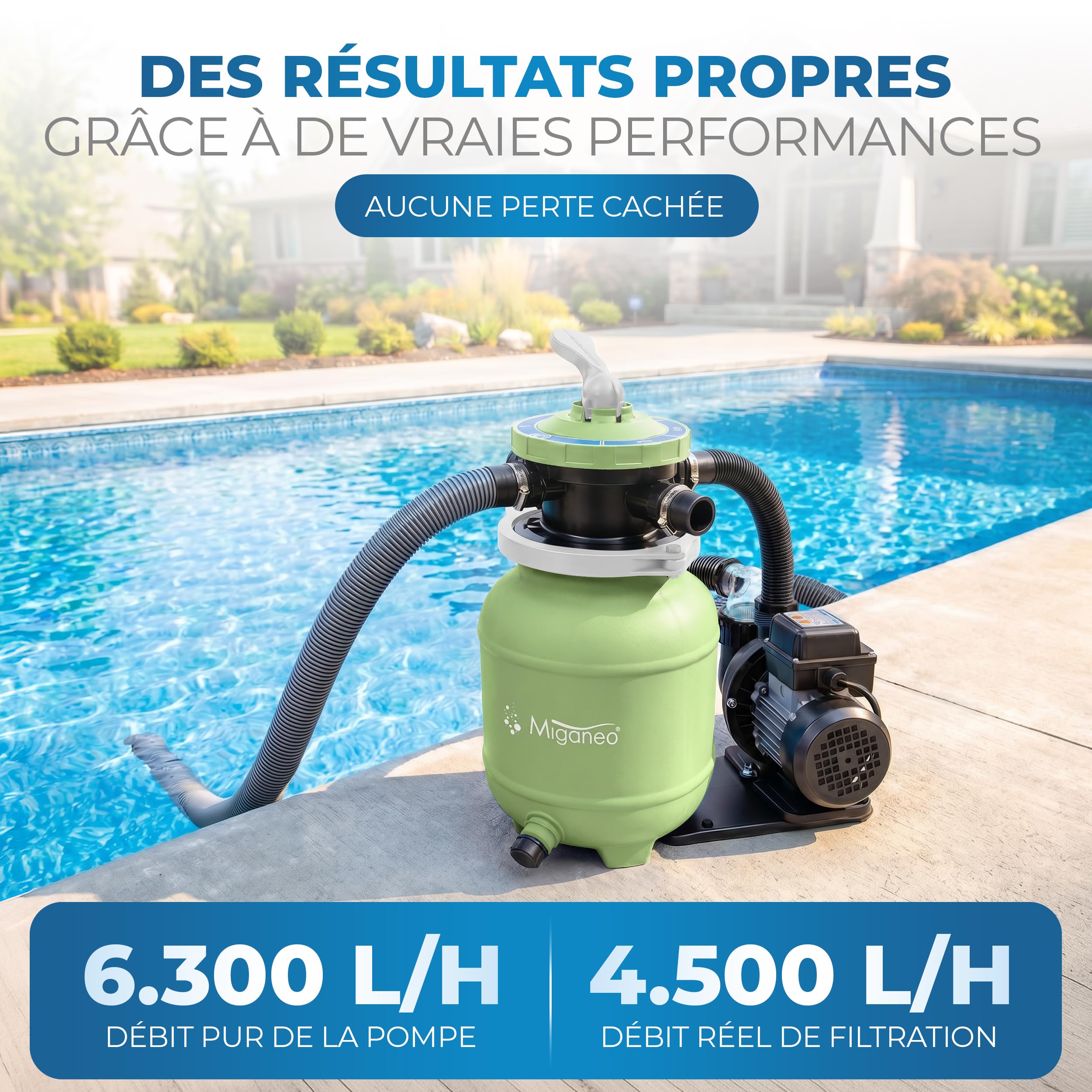 Filtre à sable Miganeo Speedclean 7000 | 4,5-6,3m³/h - pour piscine jusqu'à 19 m³ - auto-aspirant - vert