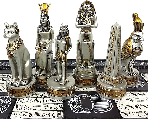 Miniatura 2 de Anubis Egipcio Negro y Plata Ajedrez Hombres Set con Acentos de Oro - NO Tablero