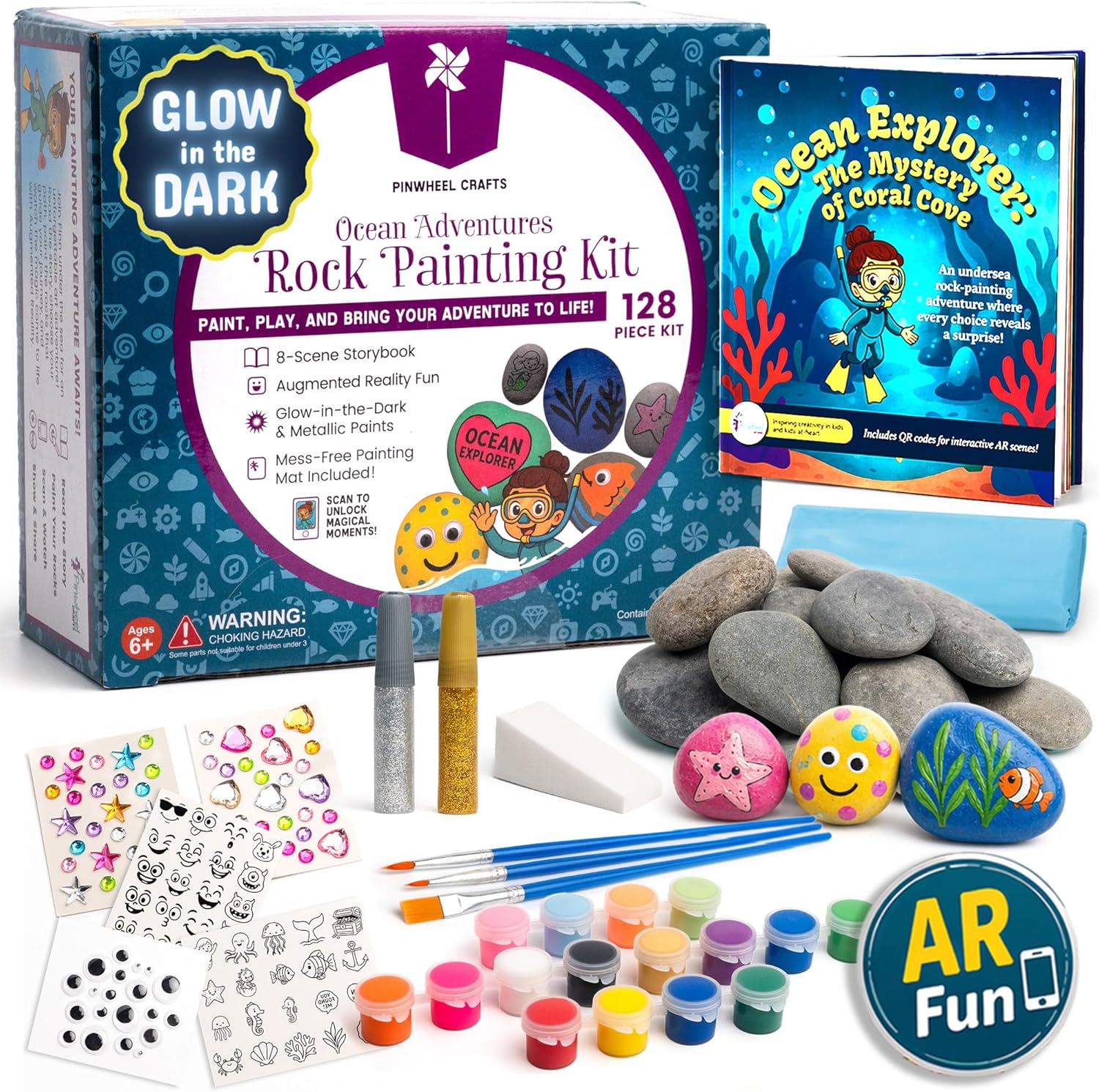 Pinwheel Crafts Glow in the Dark Rock Painting Kit with Interactive AR Storybook – 128pc Arts & Crafts Set for Kids – Augmented Reality Educational Toy for Boys & Girls Ages 6-12