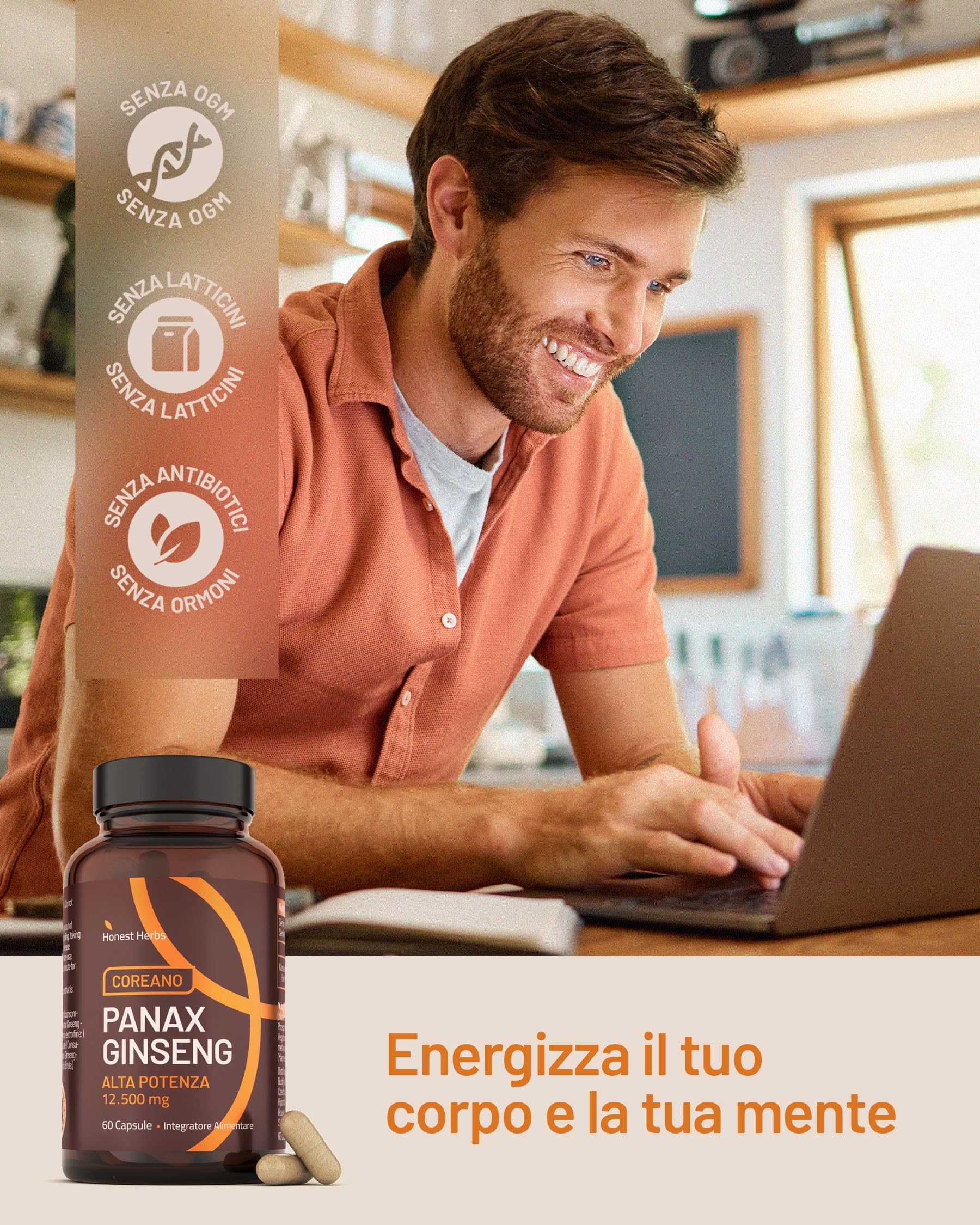 Panax Ginseng Rosso Coreano - Integratore Alimentare ad Alta Concentrazione 12.500 mg - Estratto di Radice di Ginseng con 30% di Ginsenosidi - 60 Capsule - Vegano