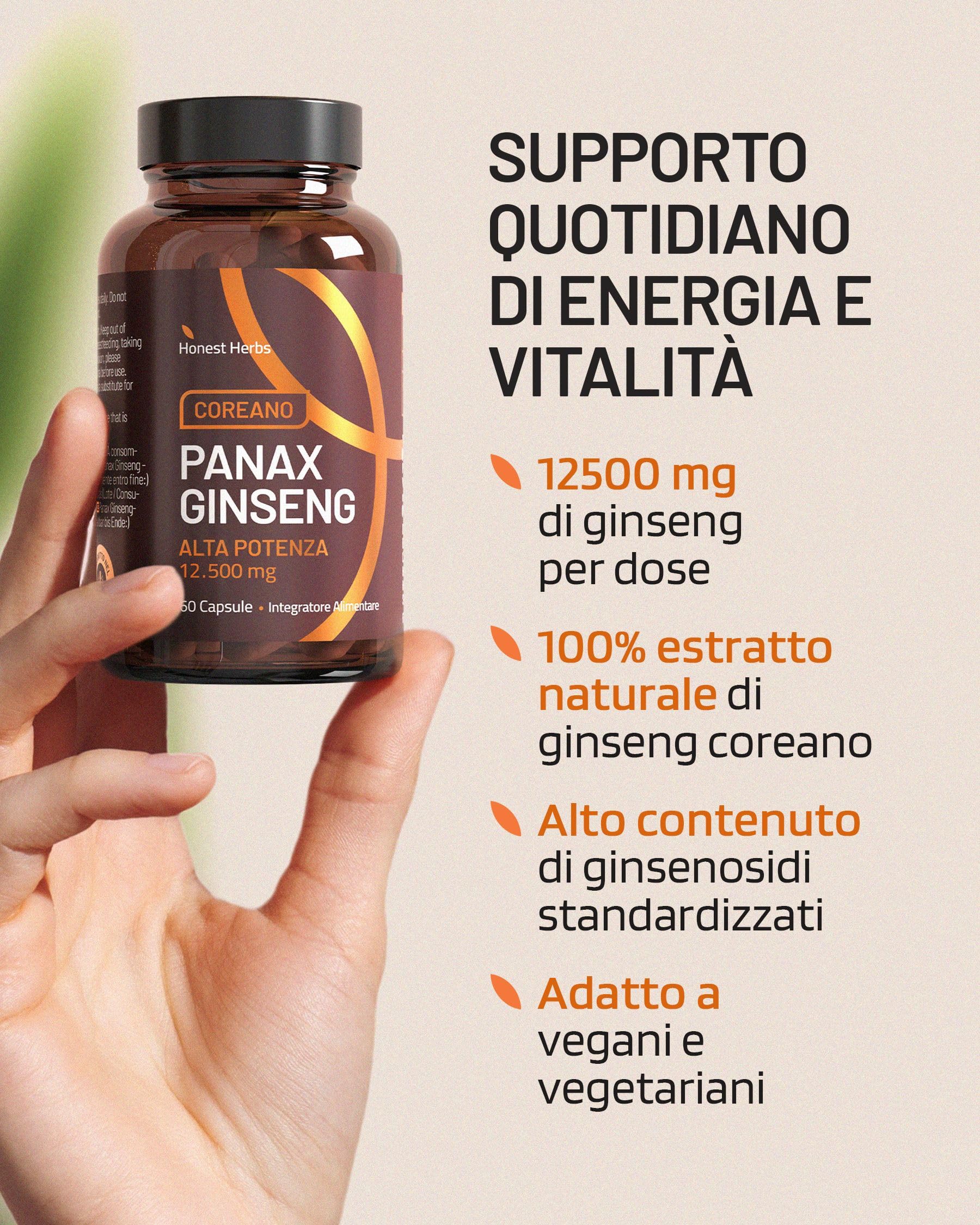 Panax Ginseng Rosso Coreano - Integratore Alimentare ad Alta Concentrazione 12.500 mg - Estratto di Radice di Ginseng con 30% di Ginsenosidi - 60 Capsule - Vegano