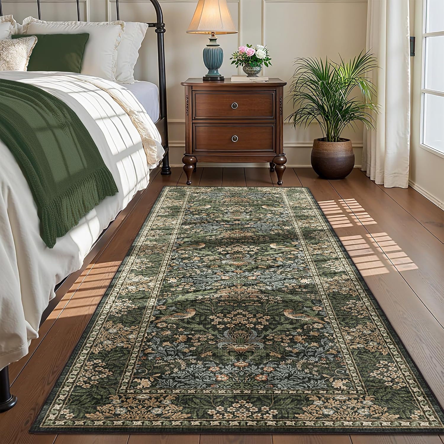 2.6x8 Floral Washable Area Rug Soft Runner Rugs for Kitchen, Vintage Boho Hallway Rug for Bedroom Dining Room, Botanical Birds Non Slip Low Pile Throw Carpet, Retro Gold/Green