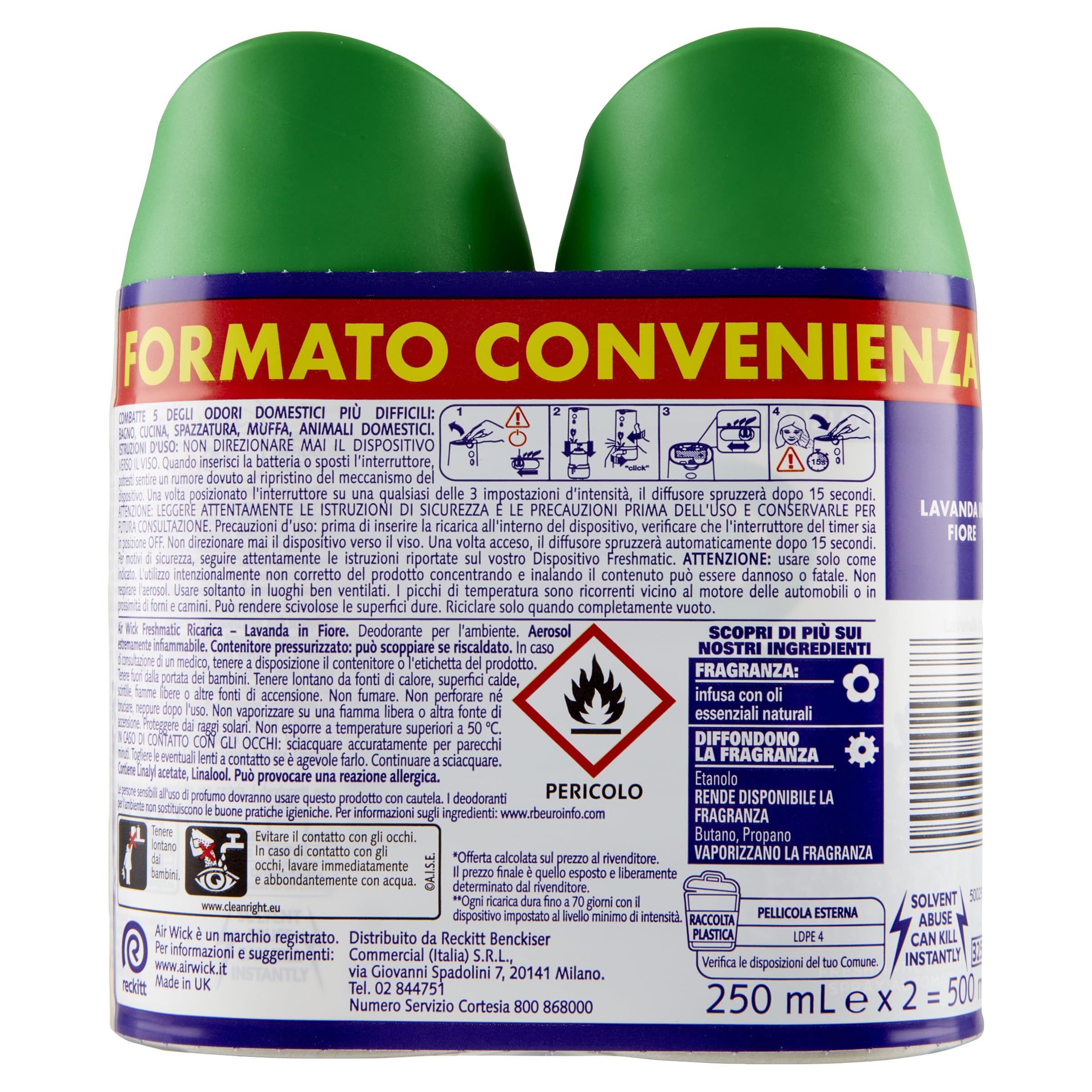 Airwick Freshmatic Profumatore per Ambienti, 2 Ricariche Spray Automatico, Fragranza Lavanda in Fiore, Profumo da 250 ml