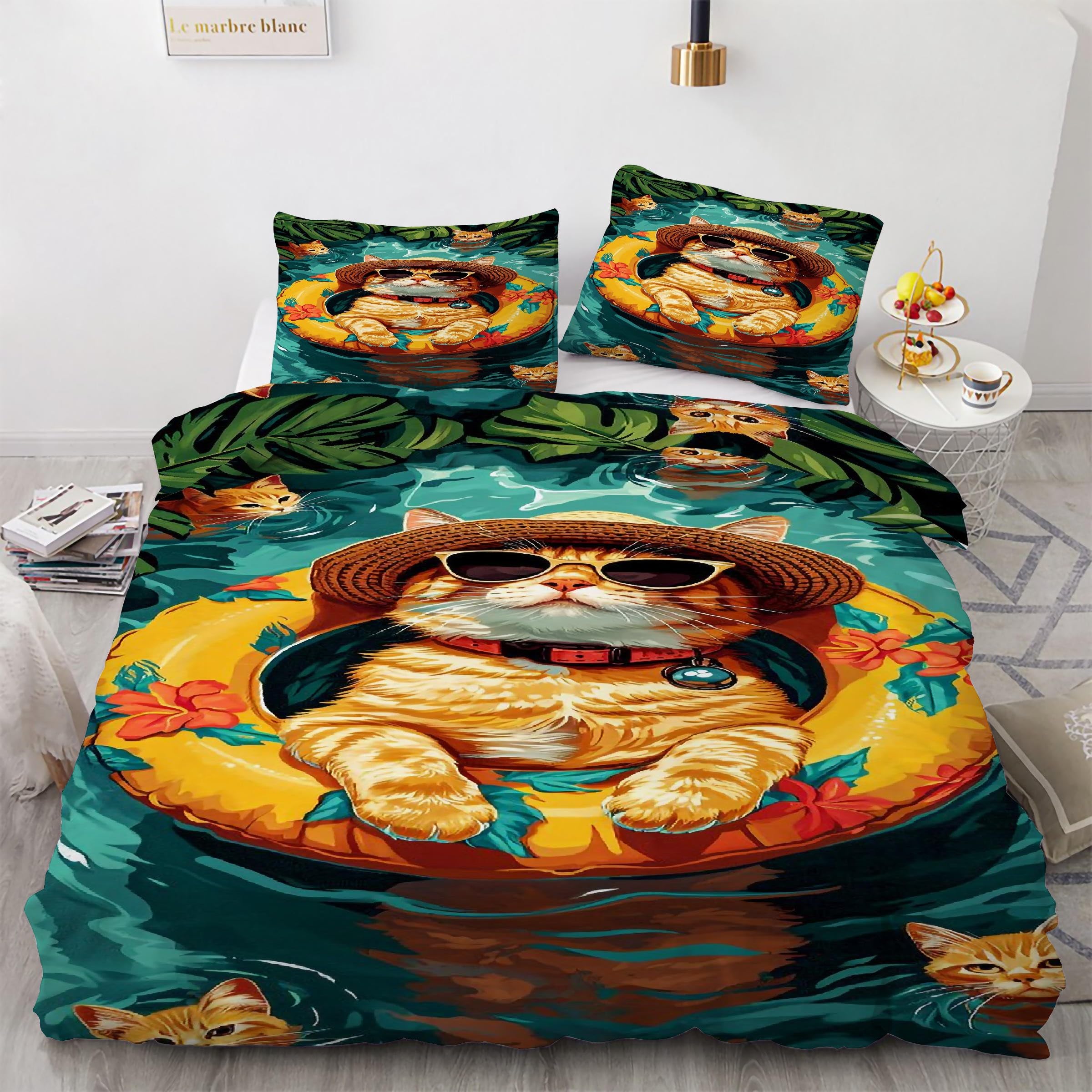 Parure de lit chat 160x200 cm avec housse de couette en microfibre et 2 taies d'oreiller Kg3447