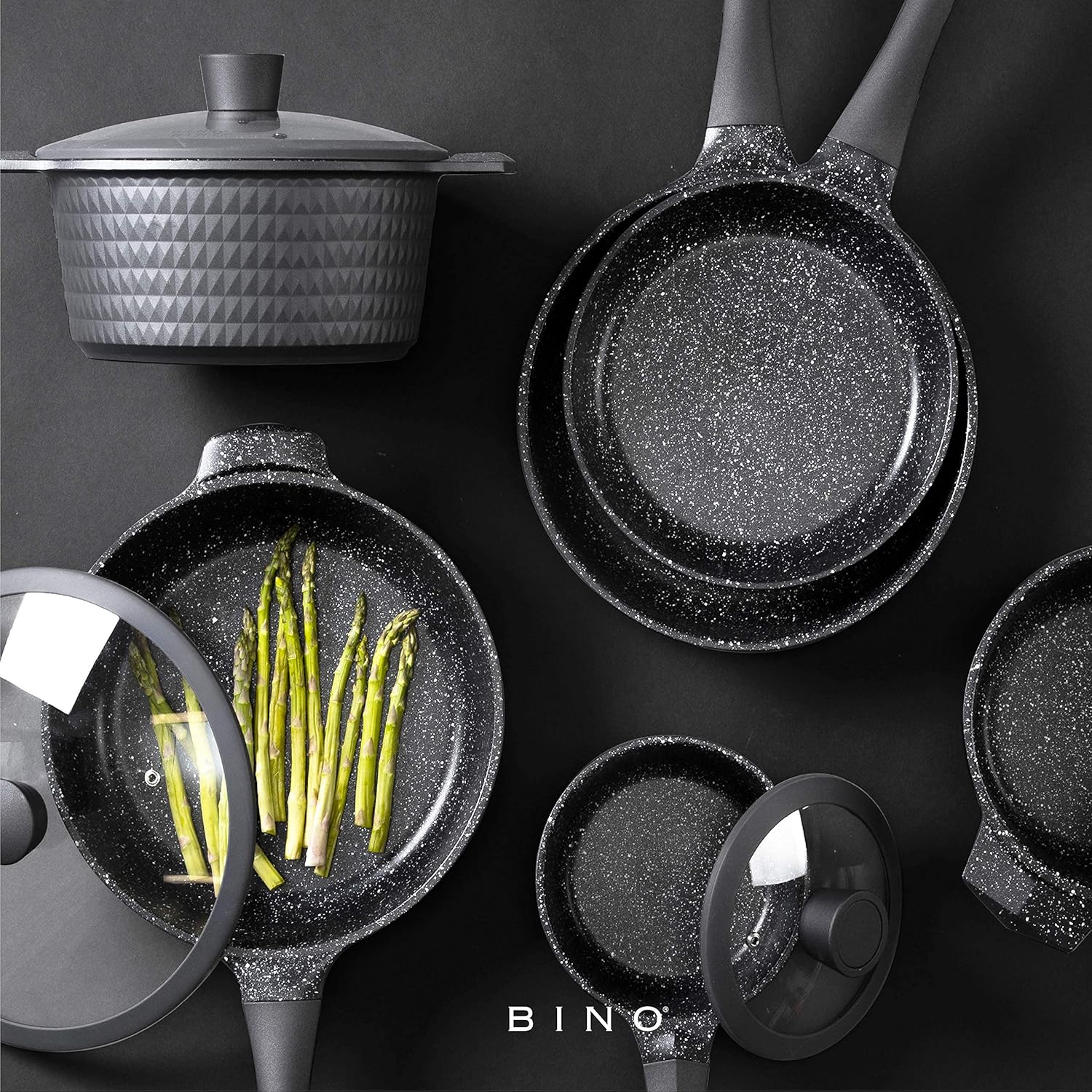 BINO Cookware Nonstick Saucepan with Lid, 1.4 Quart - Matte Grey | THE DIAMOND COLLECTION | Premium Quality Nonstick Cast Aluminum Cooking Pot Sauce Pot | Stay-Cool BAKELITE Handle | Non-Toxic: Home & Kitchen