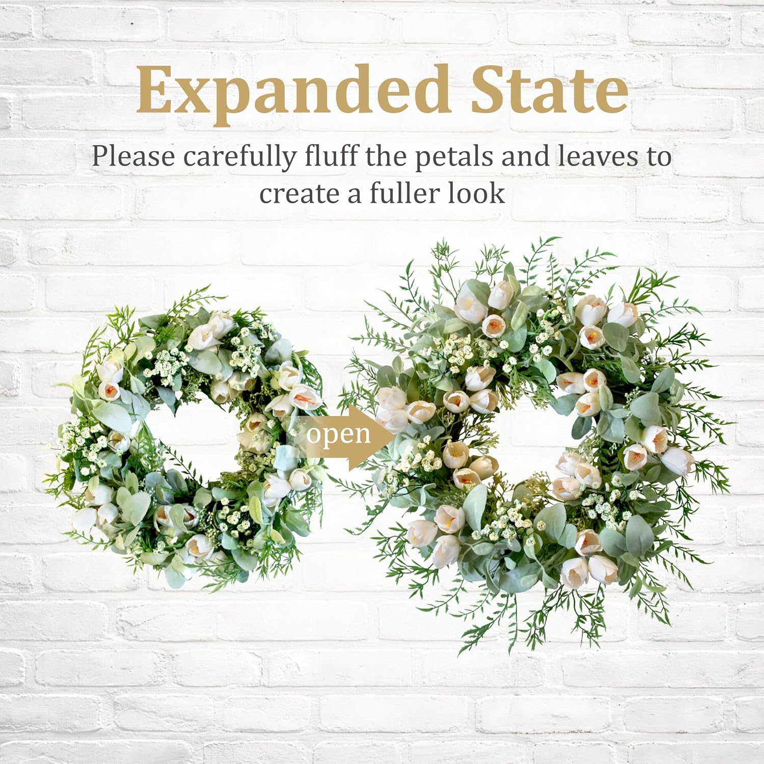 20 Inch White Tulip Wreath for Front Door with Lamb's Ear, Spring Summer Easter Door Wreath with Tulips, Artificial Flower Wreath for Modern Farmhouse Wall Wedding Year Round Home Decor