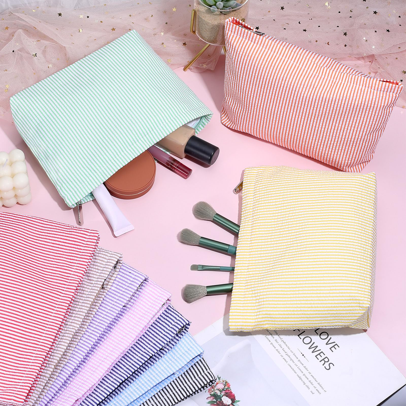 10 bolsas de maquillaje de sirsaca, bolsa de cosméticos de poliéster a rayas de 10 colores, bolsa de almacenamiento ligera para artículos de tocador preparados, bolsa de almacenamiento de