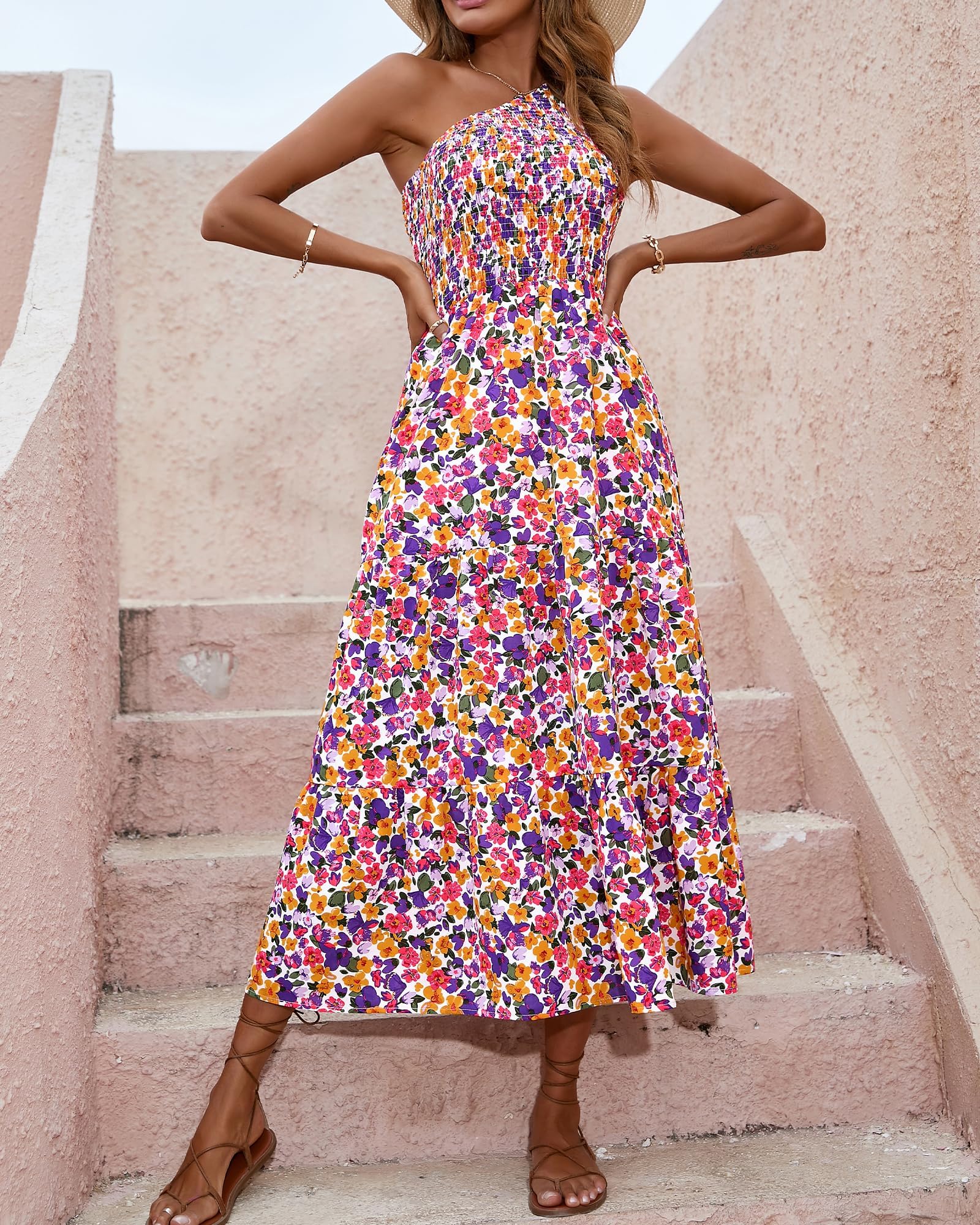 BTFBM 2025 Summer One Shoulder Dresses for Women Casual Sleeveless High Waist Floral Flowy Smocked Boho Beach Maxi Dress