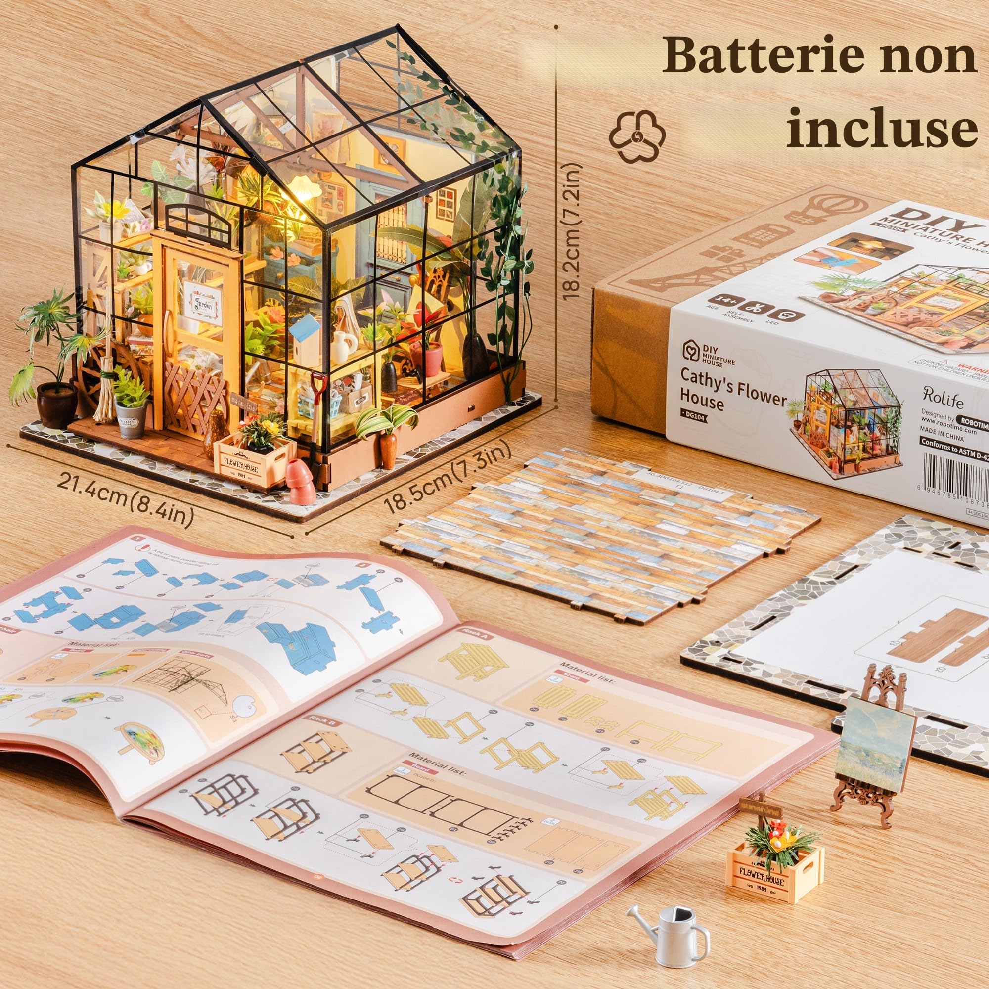 Rolife - Kit per casa delle bambole in miniatura fai da te, scala 1:24, con serra in legno e mobili in miniature, per donne, bambine, bambini, regalo per compleanno, Natale e San Valentino