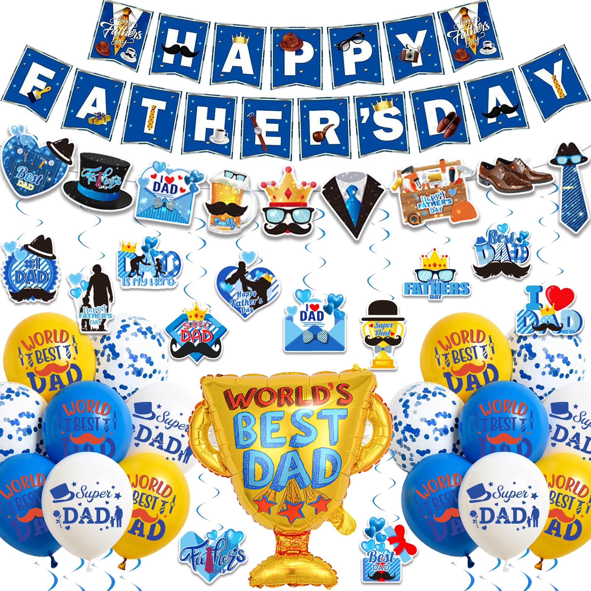 Flerramao Fathers Day Decorations Set, Happy Father’s Day Banner with Garland, World’s Best Dad Trophy Foil Balloon, Hanging Swirls Ideas Photo Decor for Dad's Day Party Home Bar Outdoor Decor
