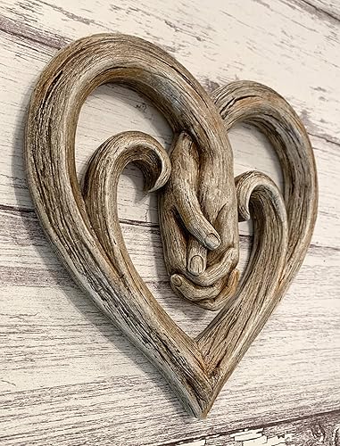 Miniatura 4 de Top Brass Heart Holding Hands Wall Decor Decorative Art Sculpture - Faux Wood Finish - Forever Love