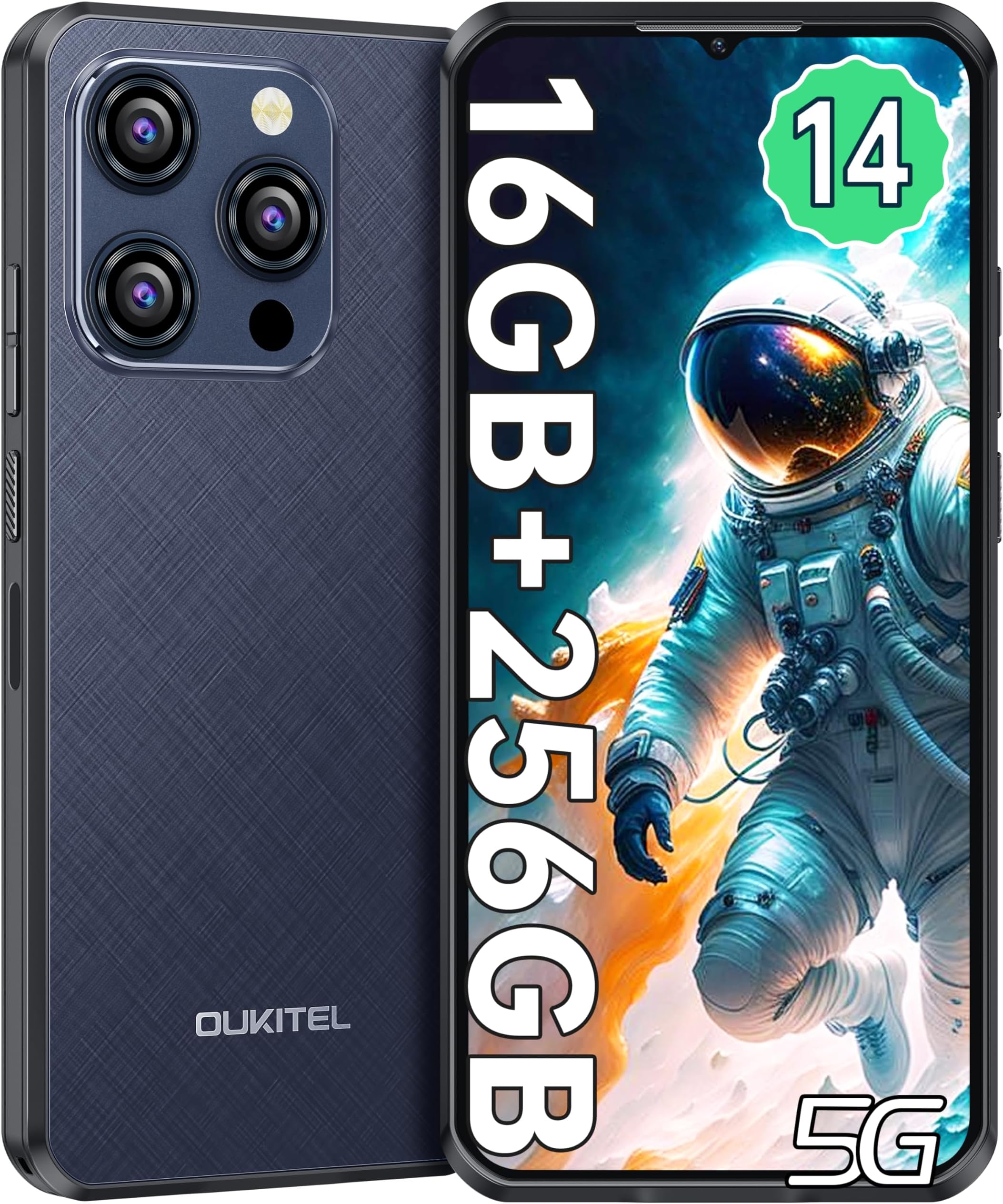 OUKITEL WP52 Rugged Smartphone 5G - 256GB+16GB Storage Up to 2TB, Android 14 Mobile Phones with 6.6" HD+ Display, 48 MP Triple Camera, 6500mAh 18W Charge, Dual SIM & Nano+SD Card Slot, Blue