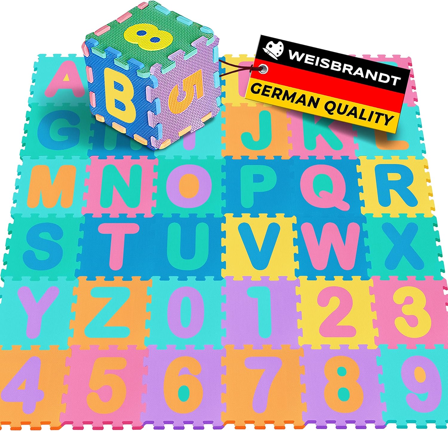 WEISBRANDT Kid’s Alphabet Puzzle Play Exercise Mat, 36 sq.ft. 30% More Durable EVA Foam, 36 Interlock Tiles 72 Border Pieces, ABC and Numbers, Baby, Children, Toddler, Double-Sided Non-Slip Surface