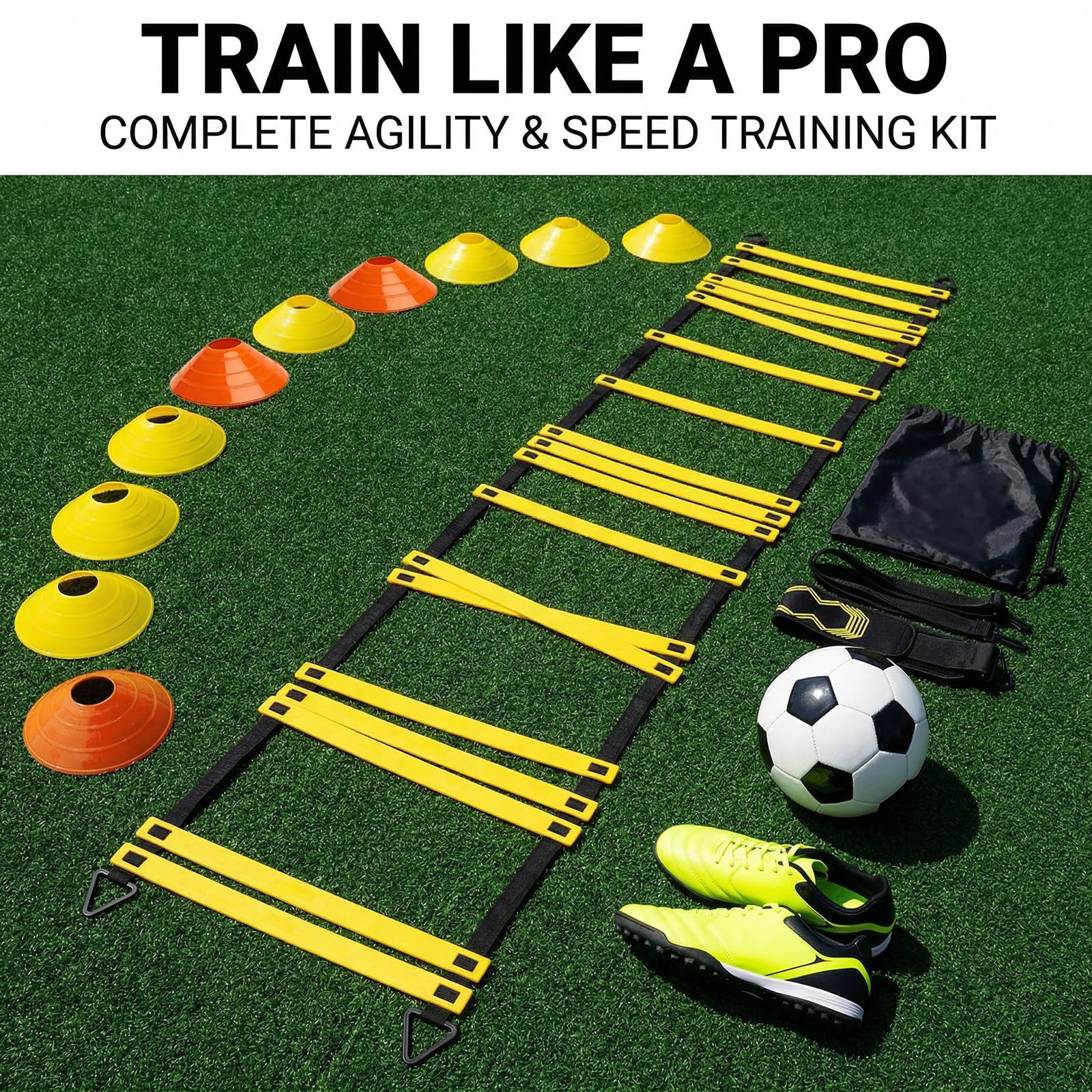 PORFOYO Kit Allenamento Calcio, Set Allenamento Calcio con Scala di Coordinamento 6m, 12 Cinesini, 1 Corda da Salto, Bande Elastiche, Accessori per L'allenamento di Calcio, Set di velocità E Agilità