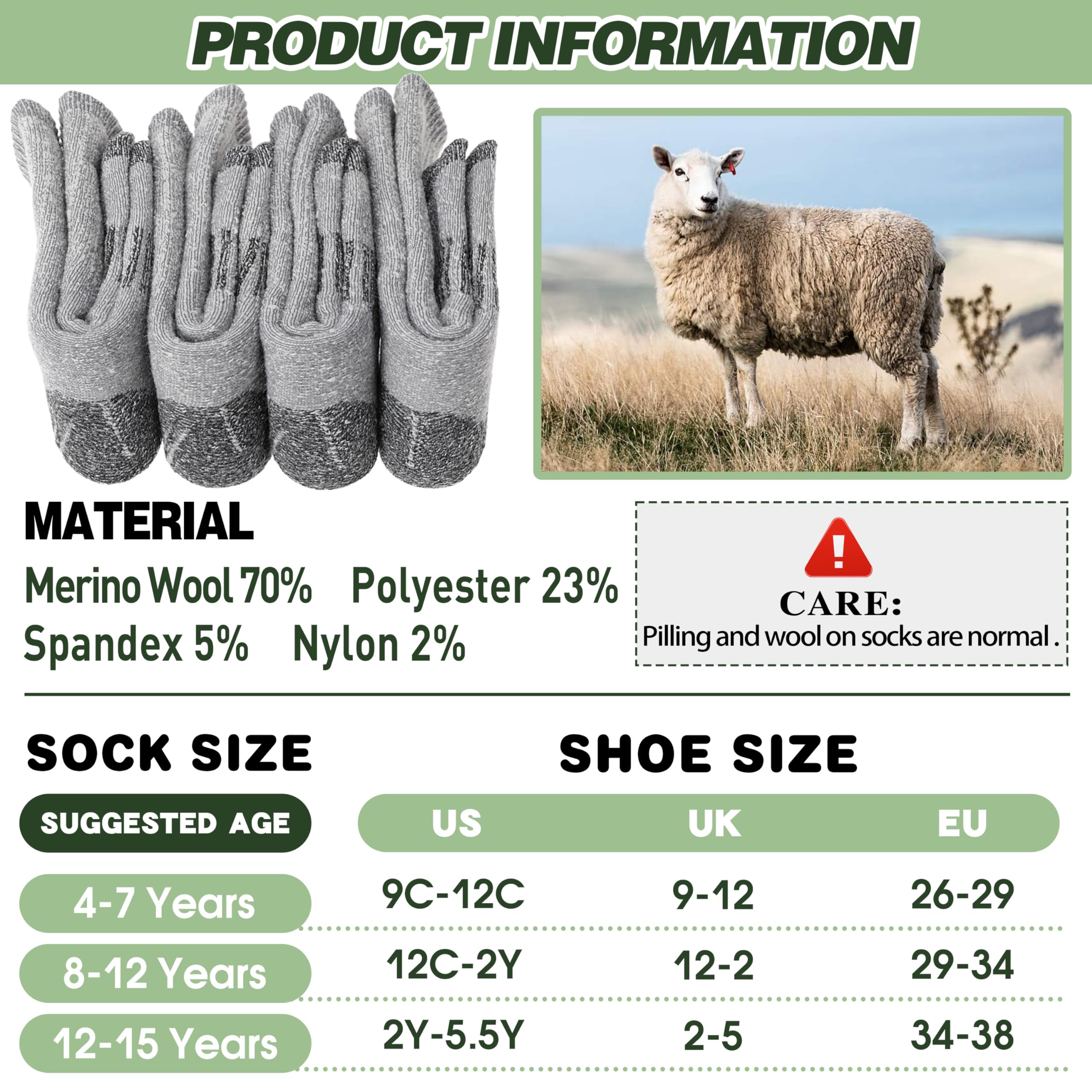 Sandsuced Calcetines de senderismo de lana merino para niños, térmicos de invierno, cálidos y cómodos