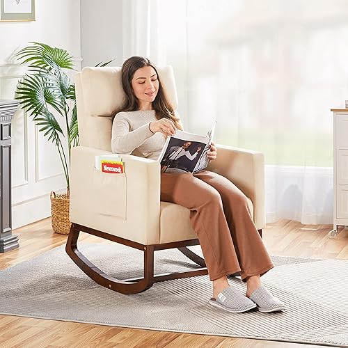 Miniatura 11 de Topeakmart Mecedora tapizada para guardería, moderna con patas de madera, bolsillo lateral, sillón mecedor para guardería, sala de estar,