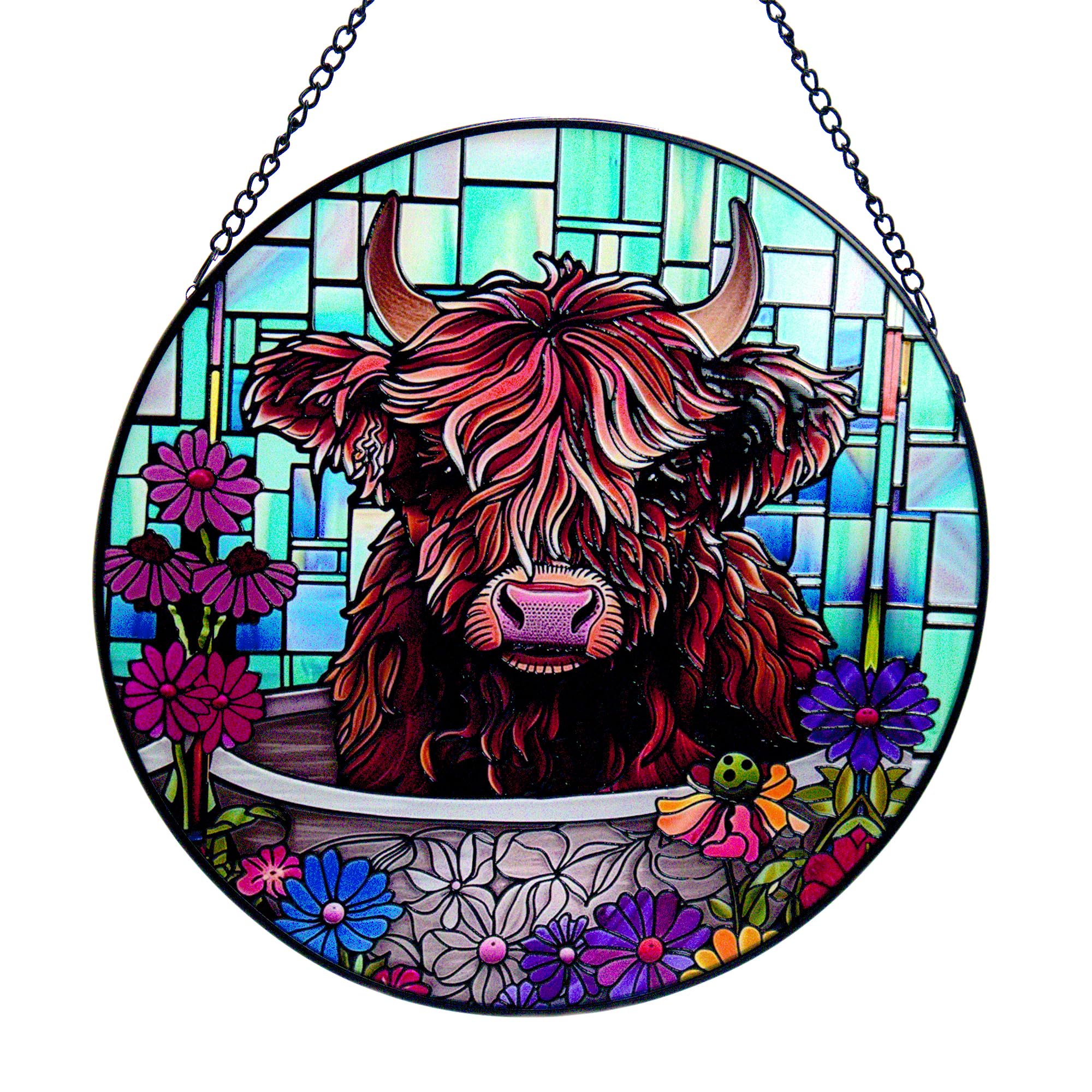 Cello Suncatcher Window Hanging Decoration – Floral Highland Cow Sun Catcher Ornament for Home Decor Rustic Farmhouse Country Style Stained Glass Gift Indoor Window Art — image 1