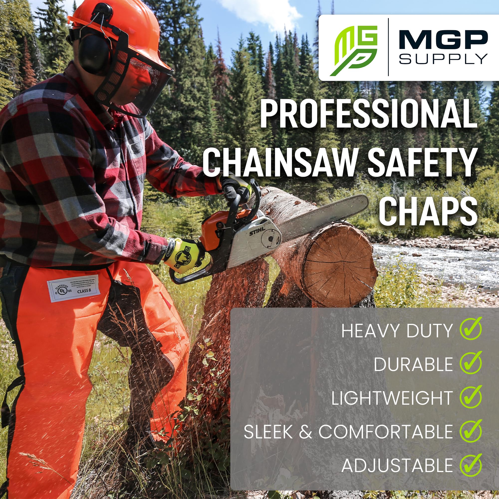 MGP SUPPLY Chaparreras para motosierra para hombre, estilo delantal con bolsillo y cinturón ajustable, equipo de seguridad
