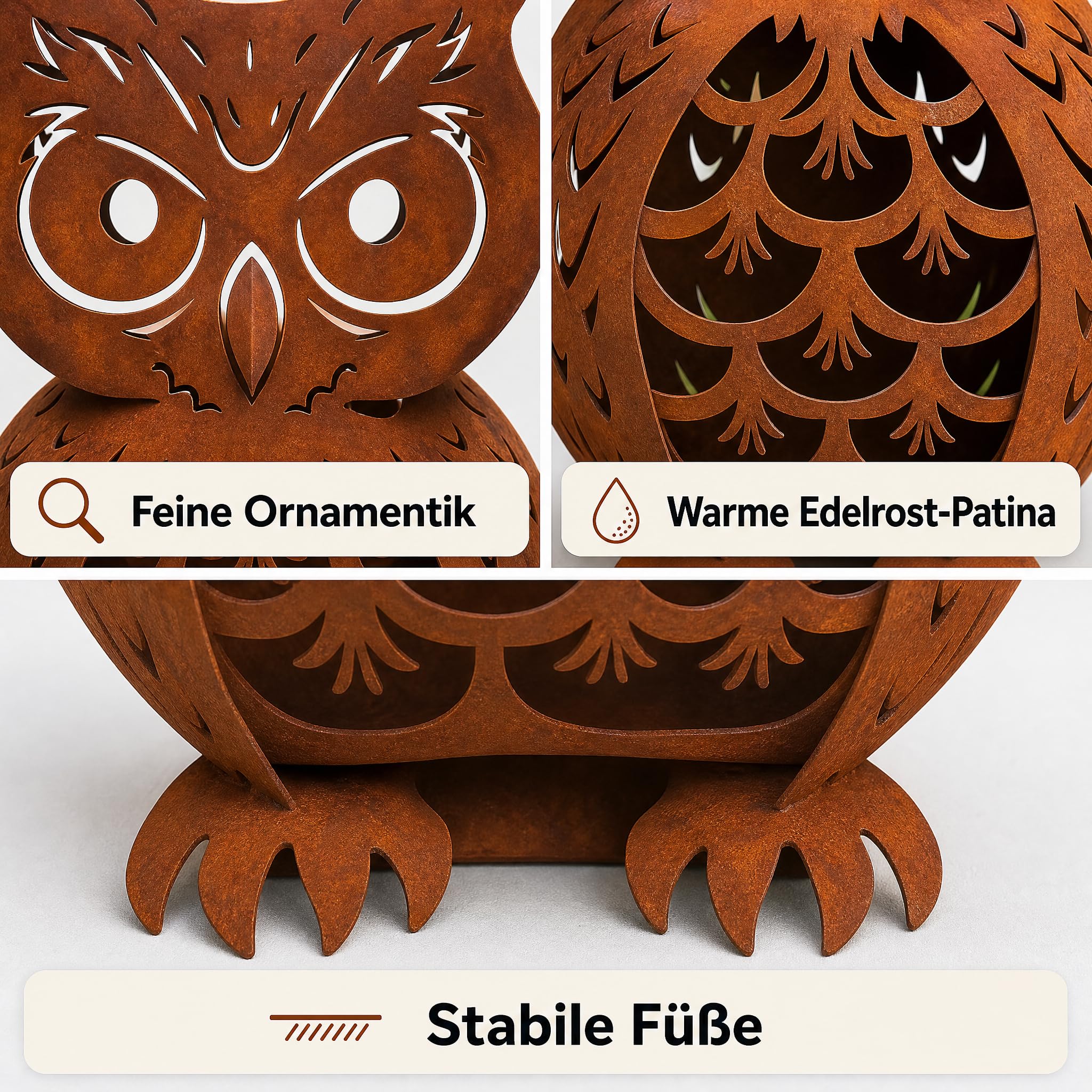 Gartendeko Rost – Eule aus Metall mit Edelrost-Patina, Filigrane Ausstanzungen, hohler Korpus für Lichtakzente, zum Hinstellen für Garten & Terrasse, 62 x 35 cm