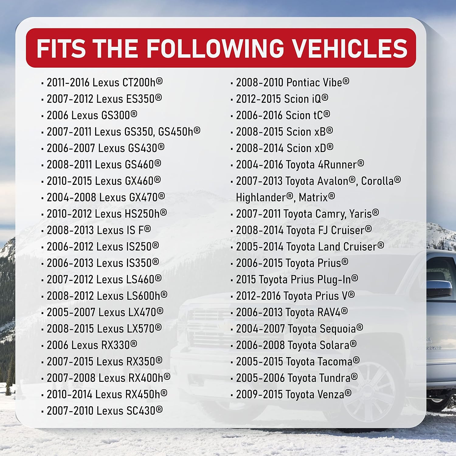 Image showing a partial list of compatible vehicles for the AA Ignition TPMS sensor, including various Lexus, Scion, and Toyota models.