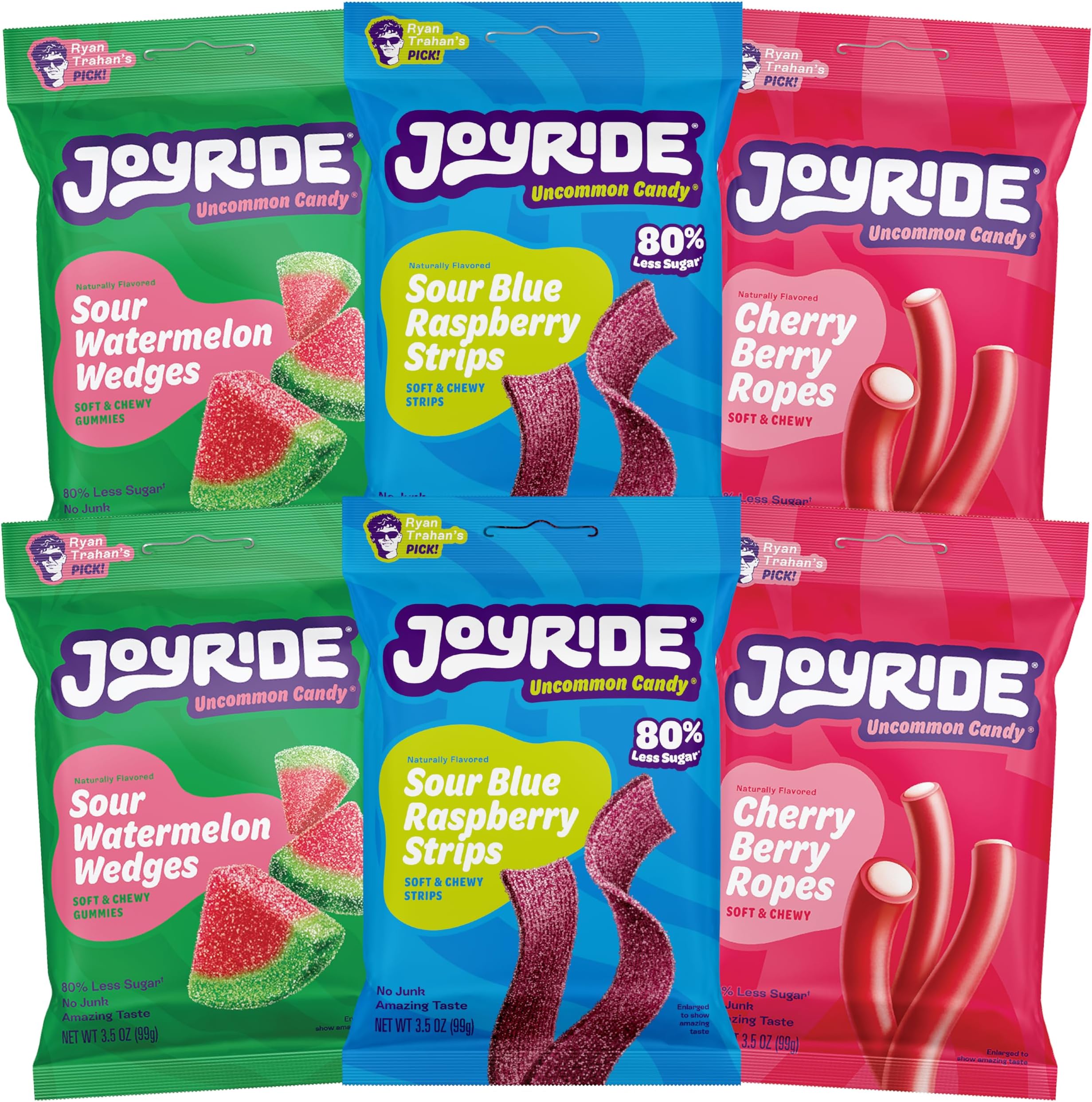 Fan Favorite Variety 6 Pack - Blue Raspberry Strips, Cherry Berry Ropes, Watermelon Wedges, Low Calorie Gummy Candy, Low Sugar, Dye Free (6 Items)