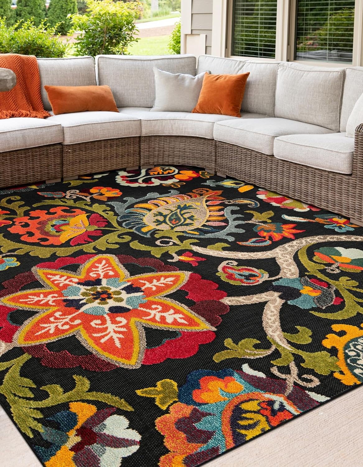 Rugs.com Outdoor Casablanca Collection Rug – 8 Ft Square Multi Black Low-Pile Rug Perfect for Living Rooms, Kitchens, Entryways