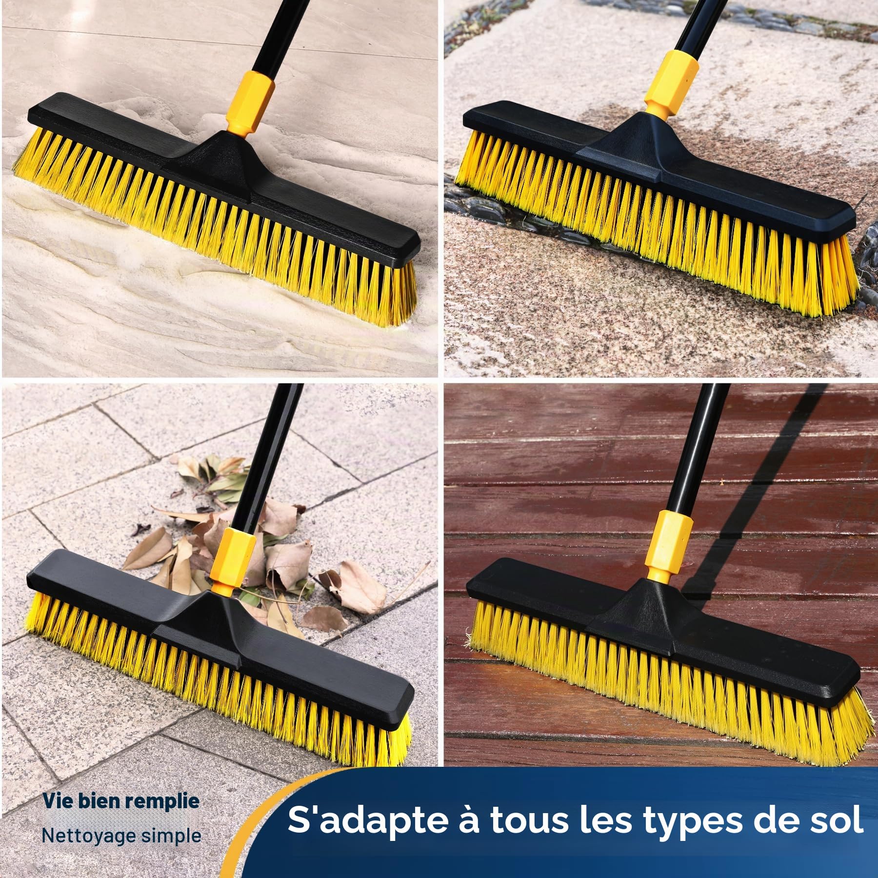 Yocada Balai télescopique à poils durs de 45,7 cm - Balai commercial pour extérieur, idéal pour nettoyer le patio, le garage, le pont, le béton, le bois, la pierre, le carrelage et le sol - Manche de