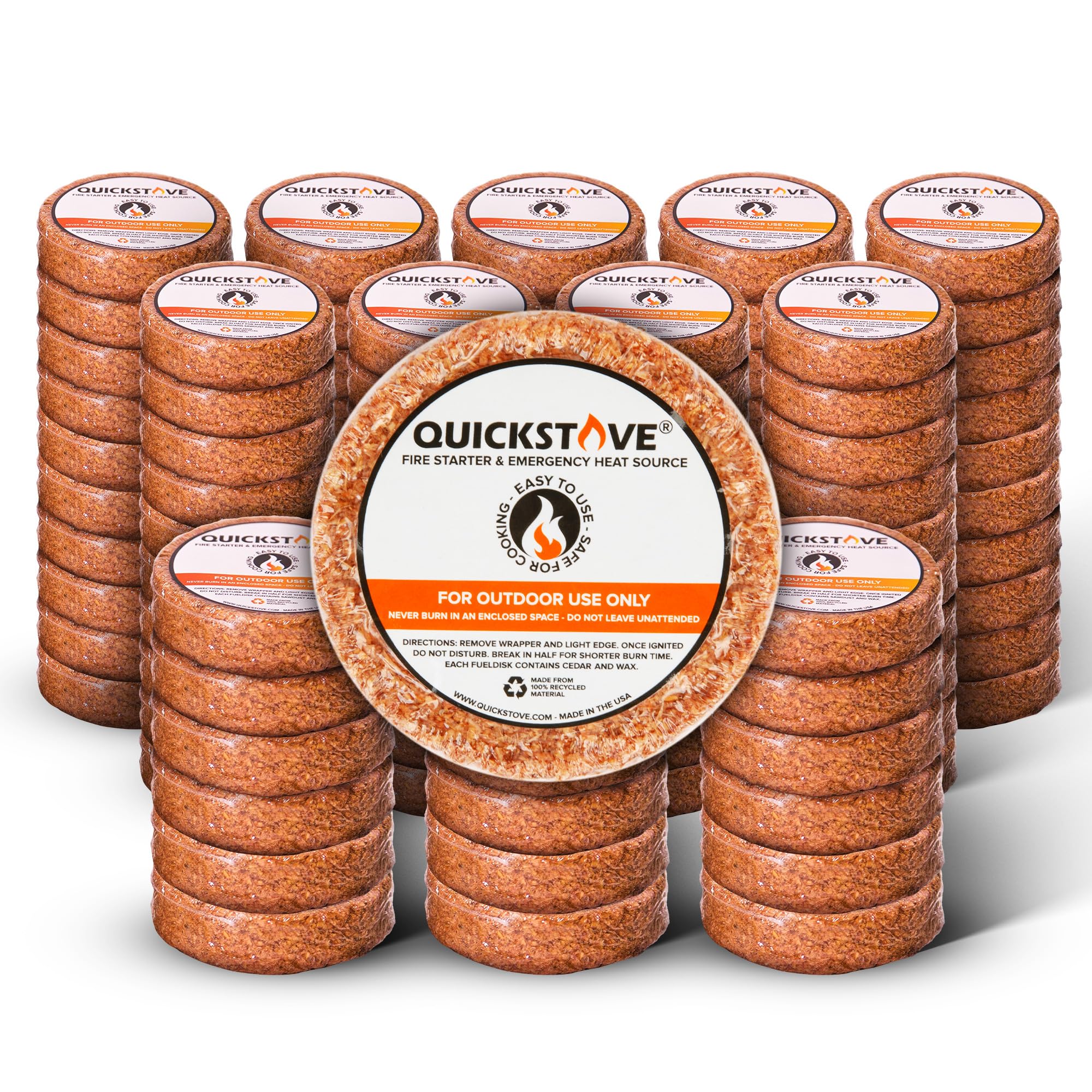 QuickStove Fire Starters (108 Pack) – Waterproof Emergency Fuel Disks for Camping Essentials, Wood Stove, Fireplace, Fire Pit, Survival Kit, Campfire & Outdoor Accessories