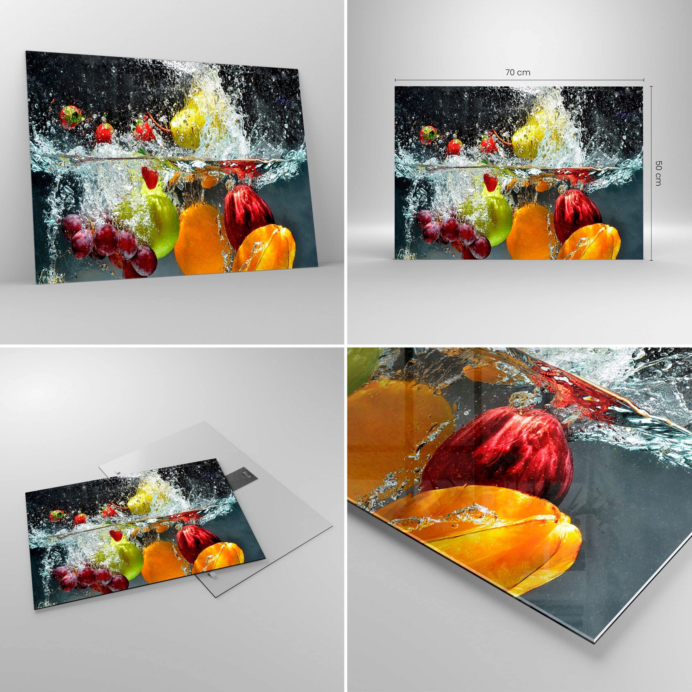Moderne Impression sur Verre Fruits eau éclaboussures nourriture Image Tableau en Verre Decoration Murale 70x50cm Deco Cadre Salon Chambre Horizontal Petit Tableaux Decoratifs Muraux Art GAA70x50-2972