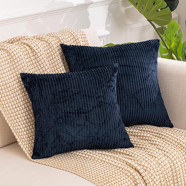 Amazon Brand - Umi Navy Cushion Covers 40cm x 40cm - Striped Flannel Cushion Covers 16 x 16 Inch, Decorative Navy Throw Pillow Case - for Living room, Bedrooms, Sofa, Chair, Car, Bed - Set of 2