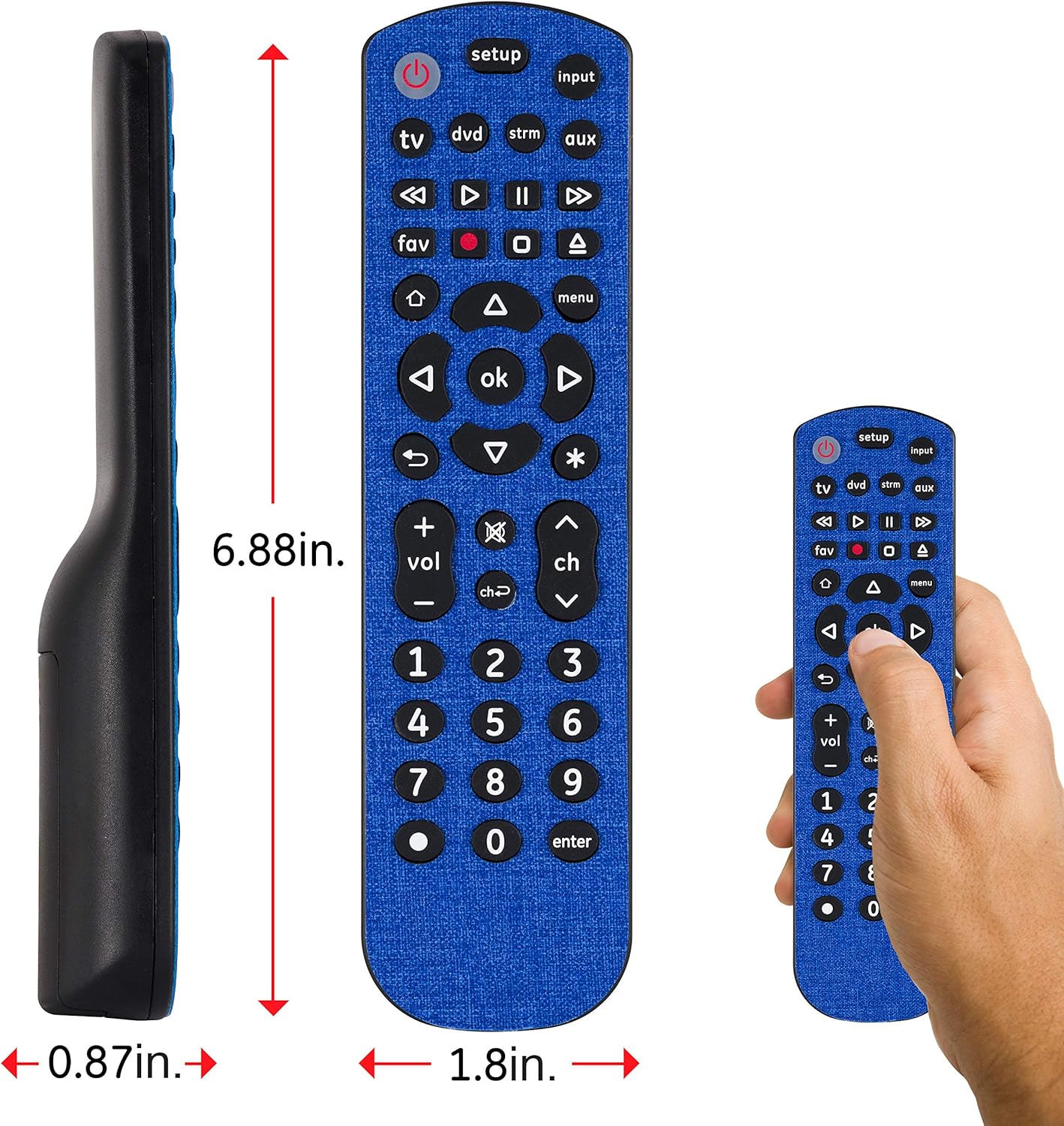 Dimensions of the GE Universal Remote Control and a hand holding it.