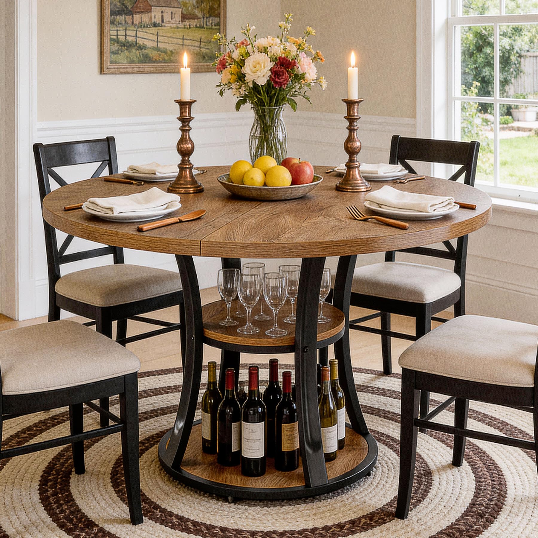 Tribesigns Round Dining Table 100cm for 2-4, 3-Tier Farmhouse Kitchen Table with Storage Shelf, Industrial Wooden Dinner Table with Metal Base, Space-Saving for Small Kitchen, Dining Room, Brown+Black