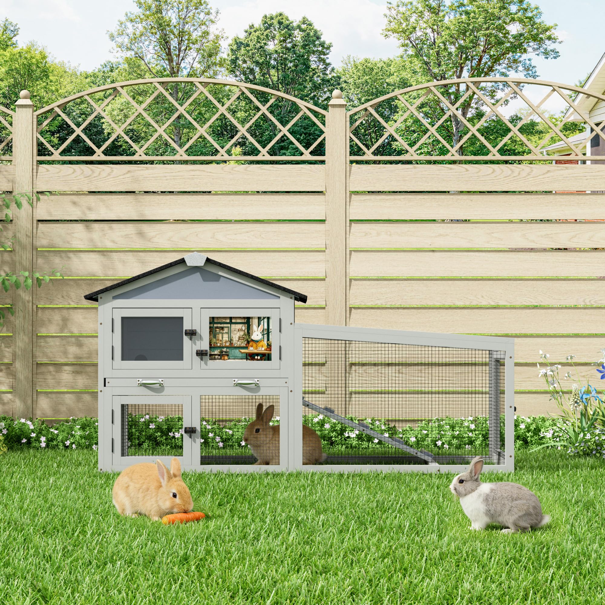 2-Tier Rabbit Hutch Guinea Pig Cage, Extra-Large Bunny Cage with Asphalt Roof & Sunlight Panels, Slide-out Tray and 10 PCS Disposable Liners, 148.6 x 42.9 x 80 cm