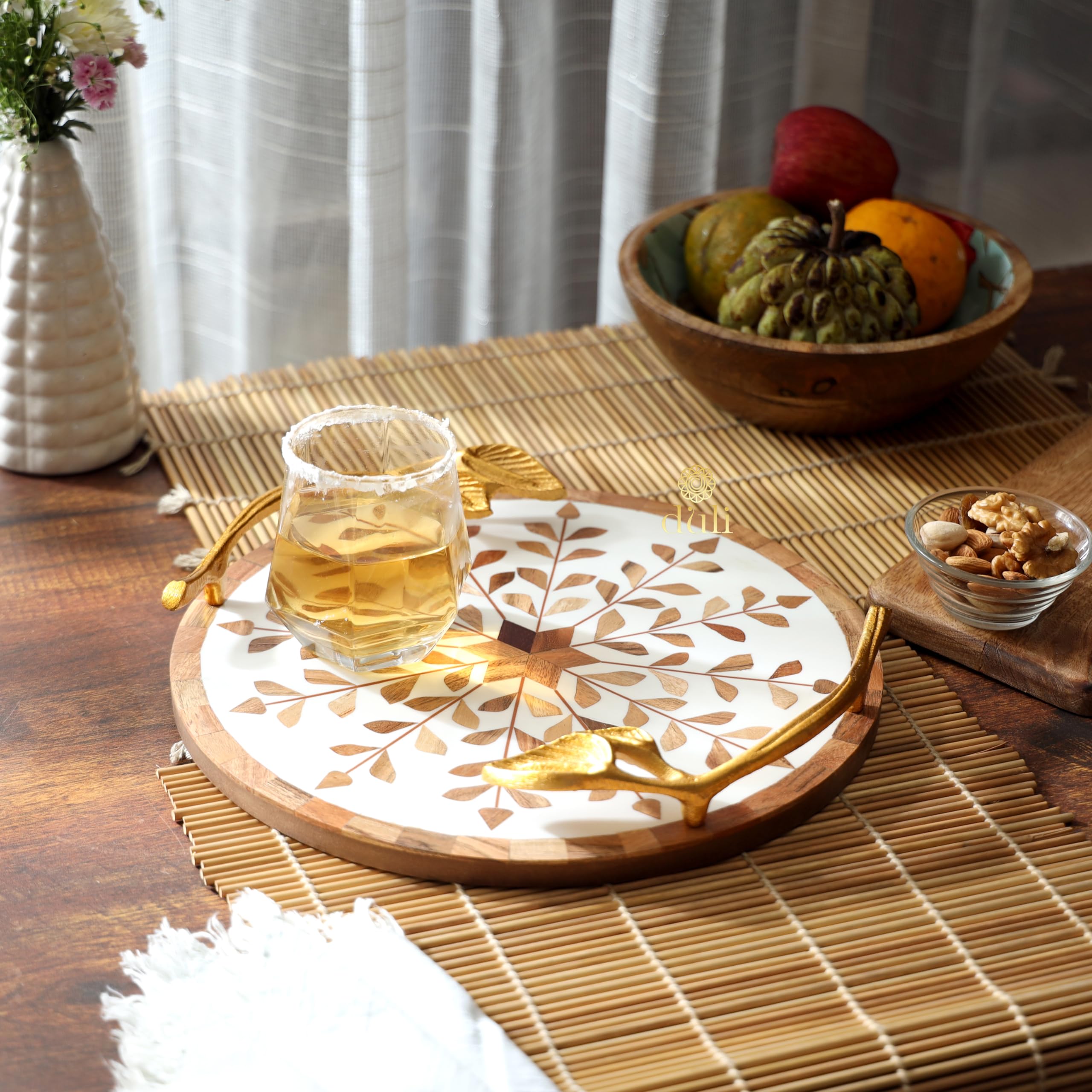 DULI Inlay Work Round Multipurpose Platter Tray in MDF with Metal Golden Handles Serving Tray for Home Dining Table Platter Table Top Trays