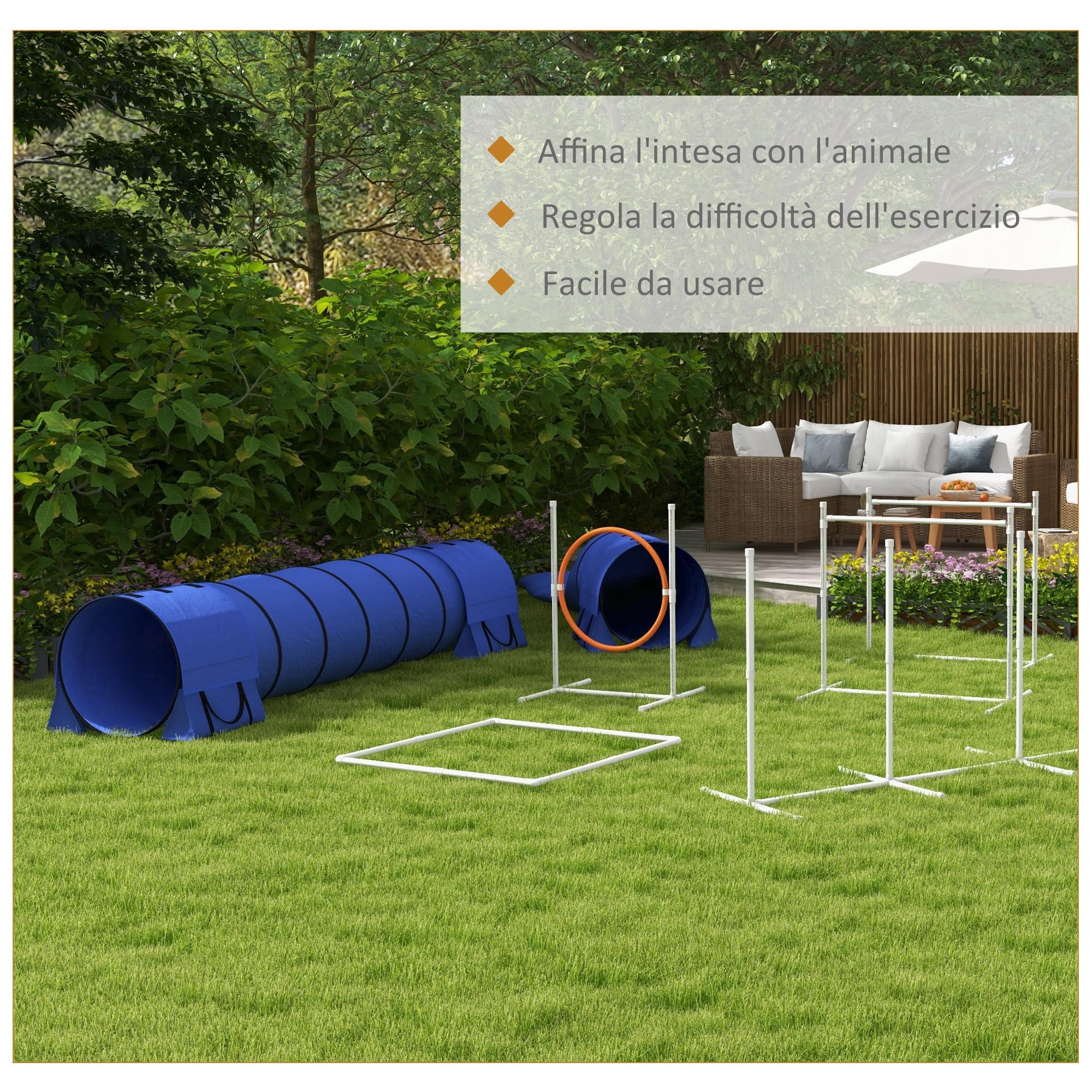 PawHut Set Agilty Dog 7 Pezzi con Fischietto, 2 Picchetti e 3 Sacchi di Sabbia, Percorso Agility Dog in Plastica e ABS con Borsa da Trasporto, 67x63x93 cm, Bianco Arancione Blu