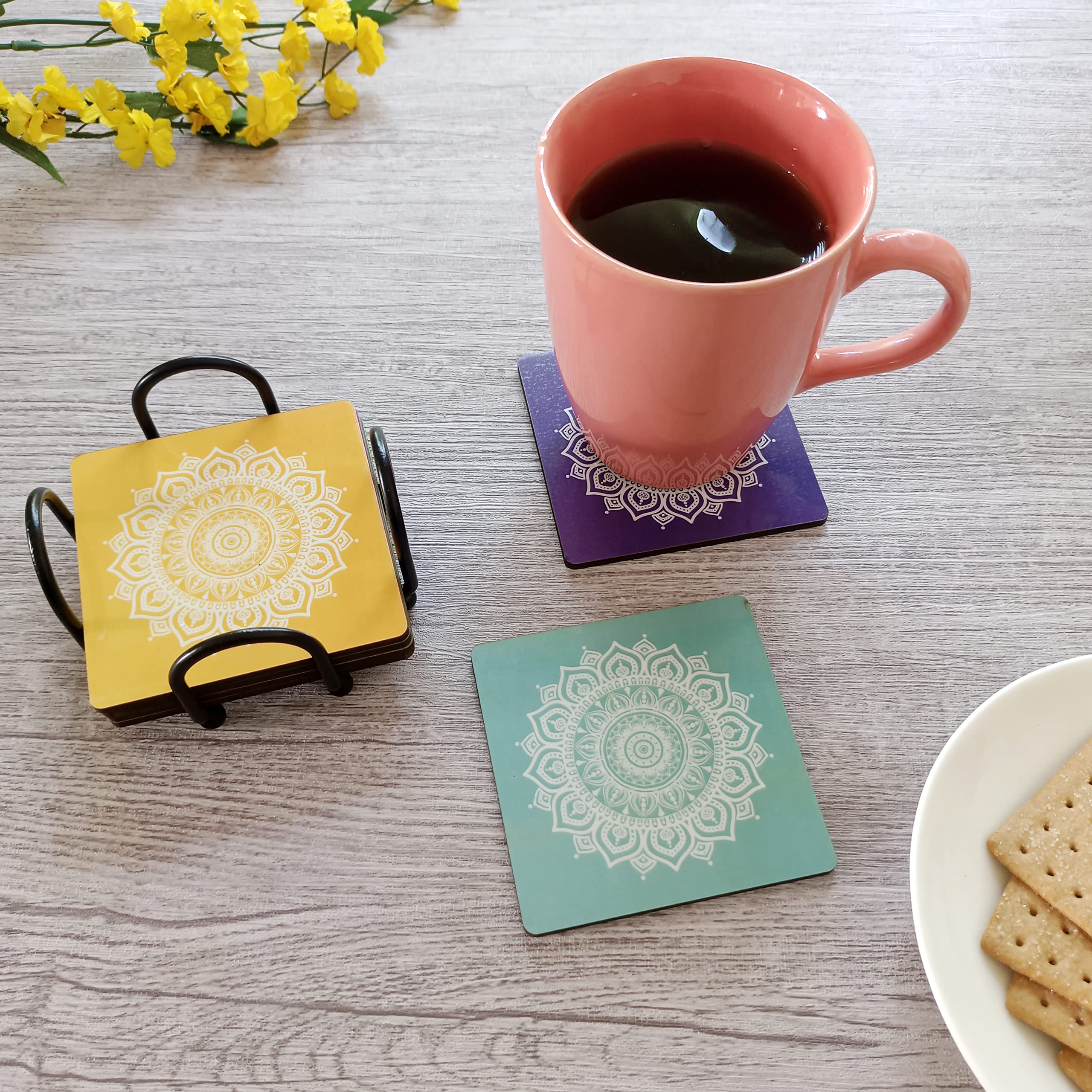 Picrazee Wooden Coaster Set of 6 with Wrought Iron Coaster Stand; Designer Coaster Set for Tea Cups, Coffee Mugs and Glasses (Kolam Art)