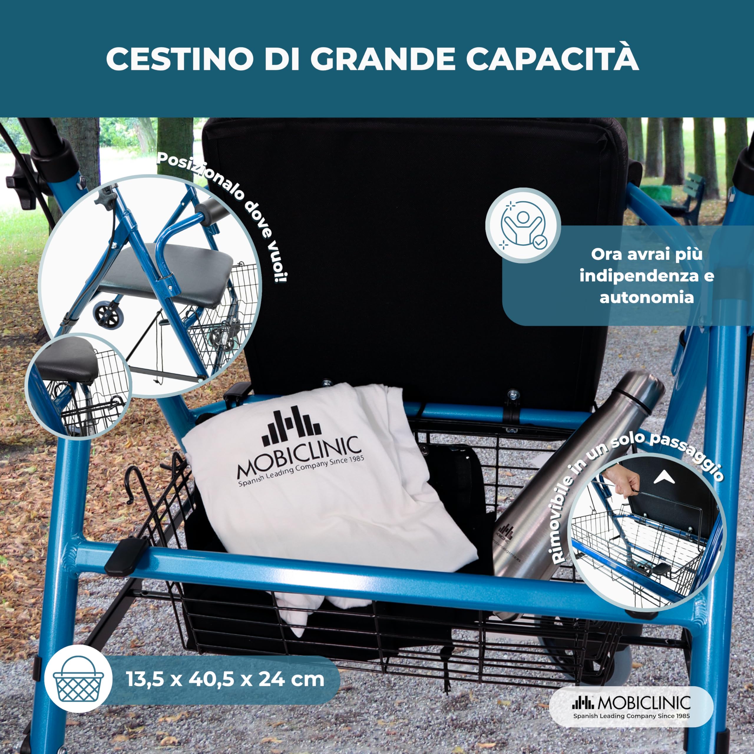 Mobiclinic, Deambulatore per anziani, Alluminio, Leggero, Freni manuali e bloccabili, Girello con seduta 4 ruote, Pieghevole, Modello escorial, Marchio europeo