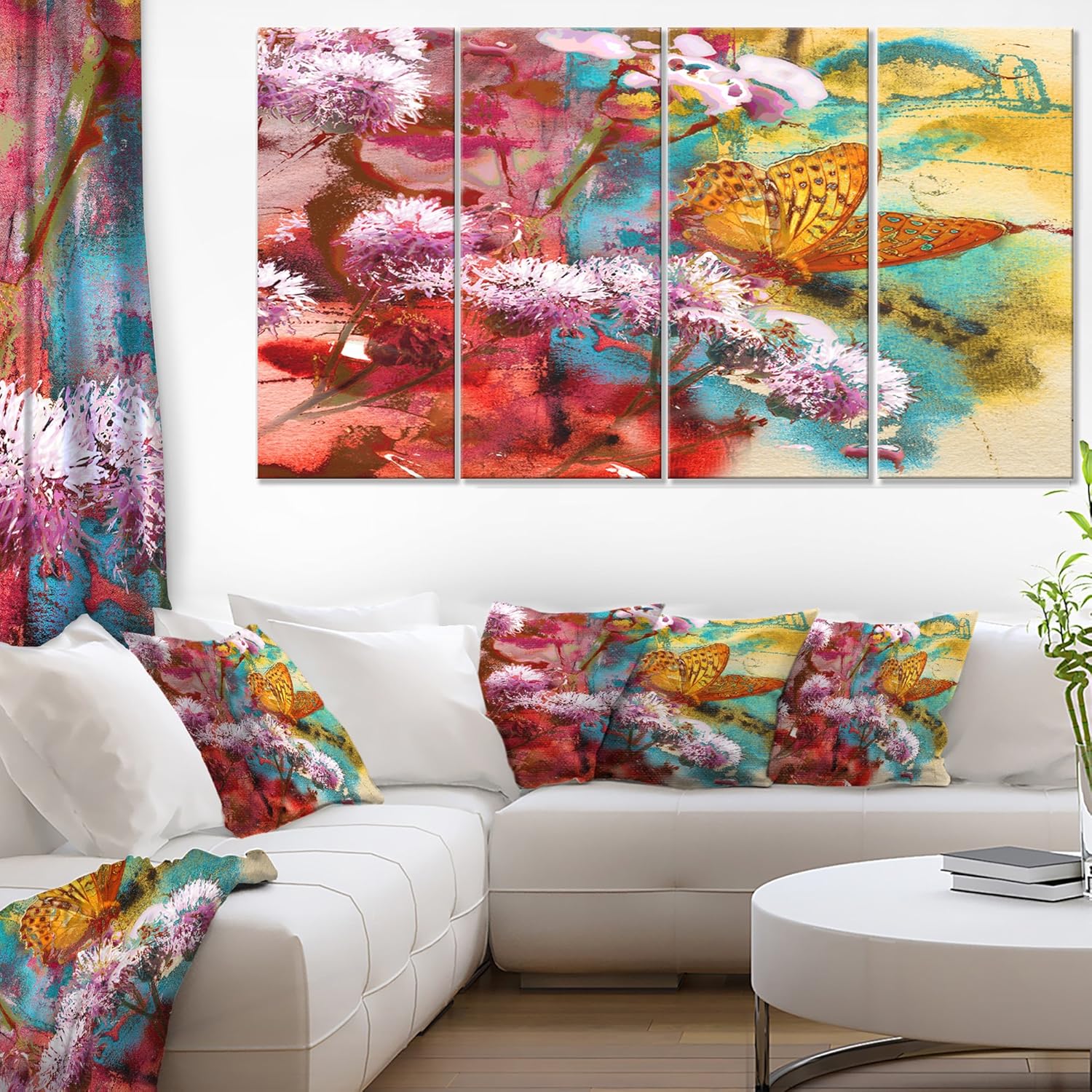 Designart Butterfly and Abstract Design Watercolor Canvas Artwork, 32x16