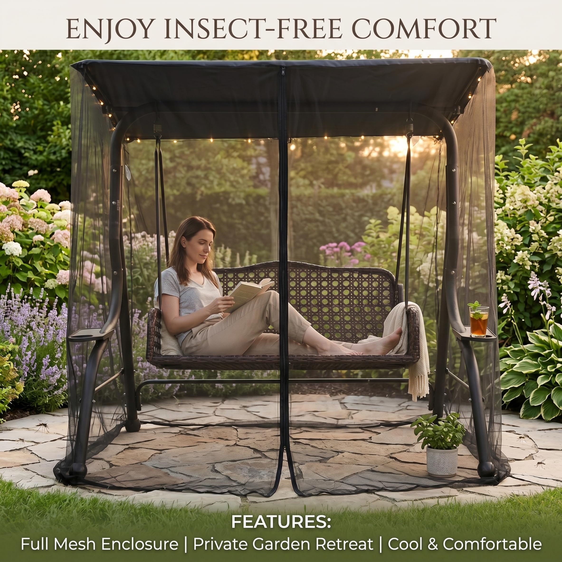 Moustiquaire de terrasse pour Porche, balancelle 3 Places avec auvent imperméable, Anti-Insectes, Noire, 2 m (6, 73 pi)