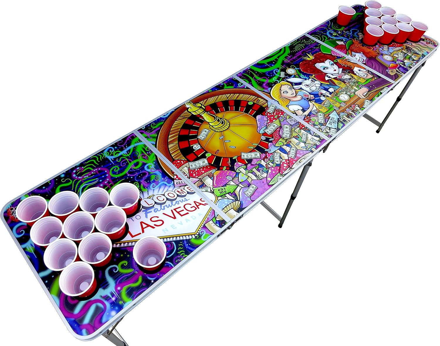 Alice in Las Vegas Psychedelic Poker Pong Table with Cup Holes and Hole Covers