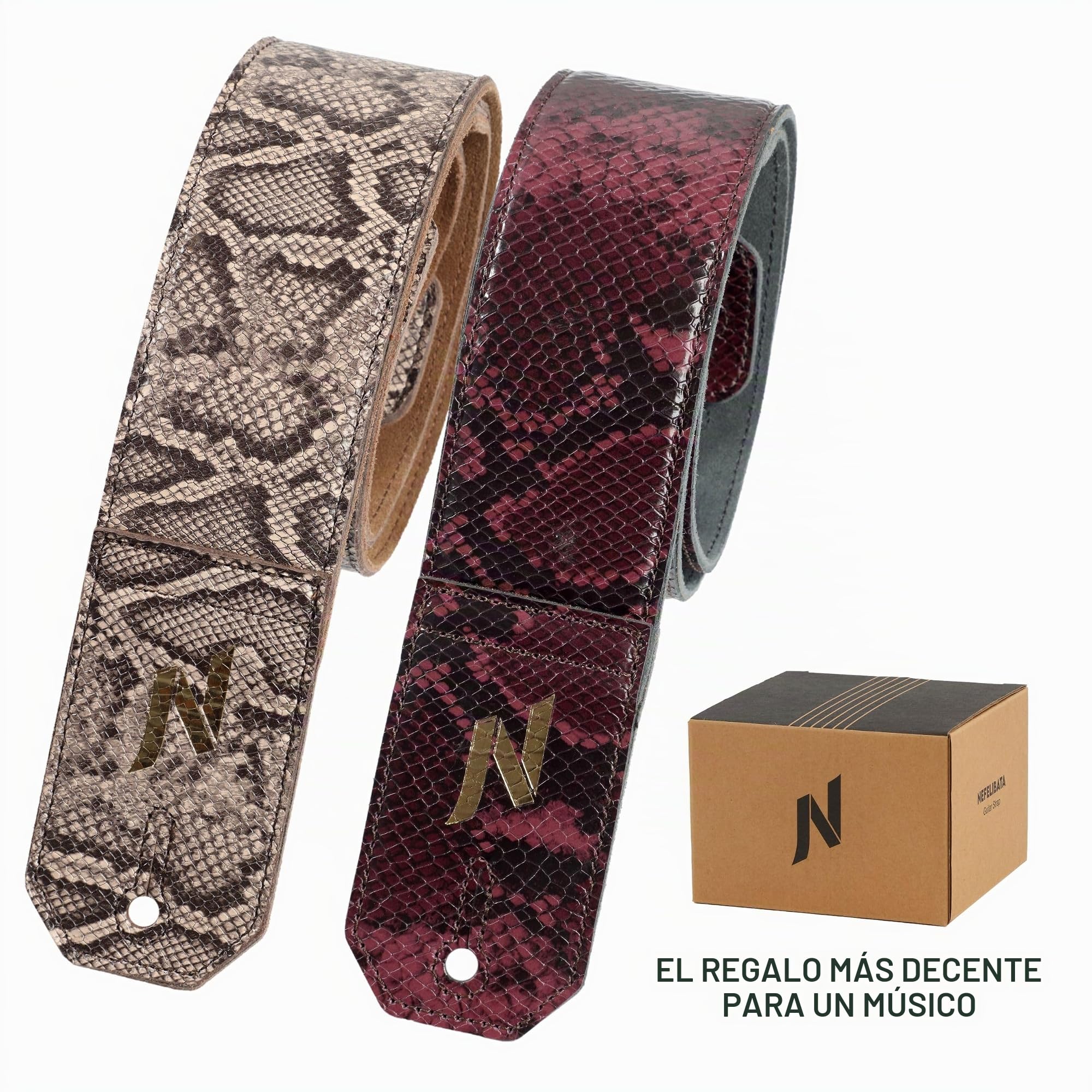 Nefelibata correa de guitarra, 2,3 pulgadas de grano de serpiente mano Cowhide correa de guitarra con acolchado para bajo, guitarras eléctricas y acústicas